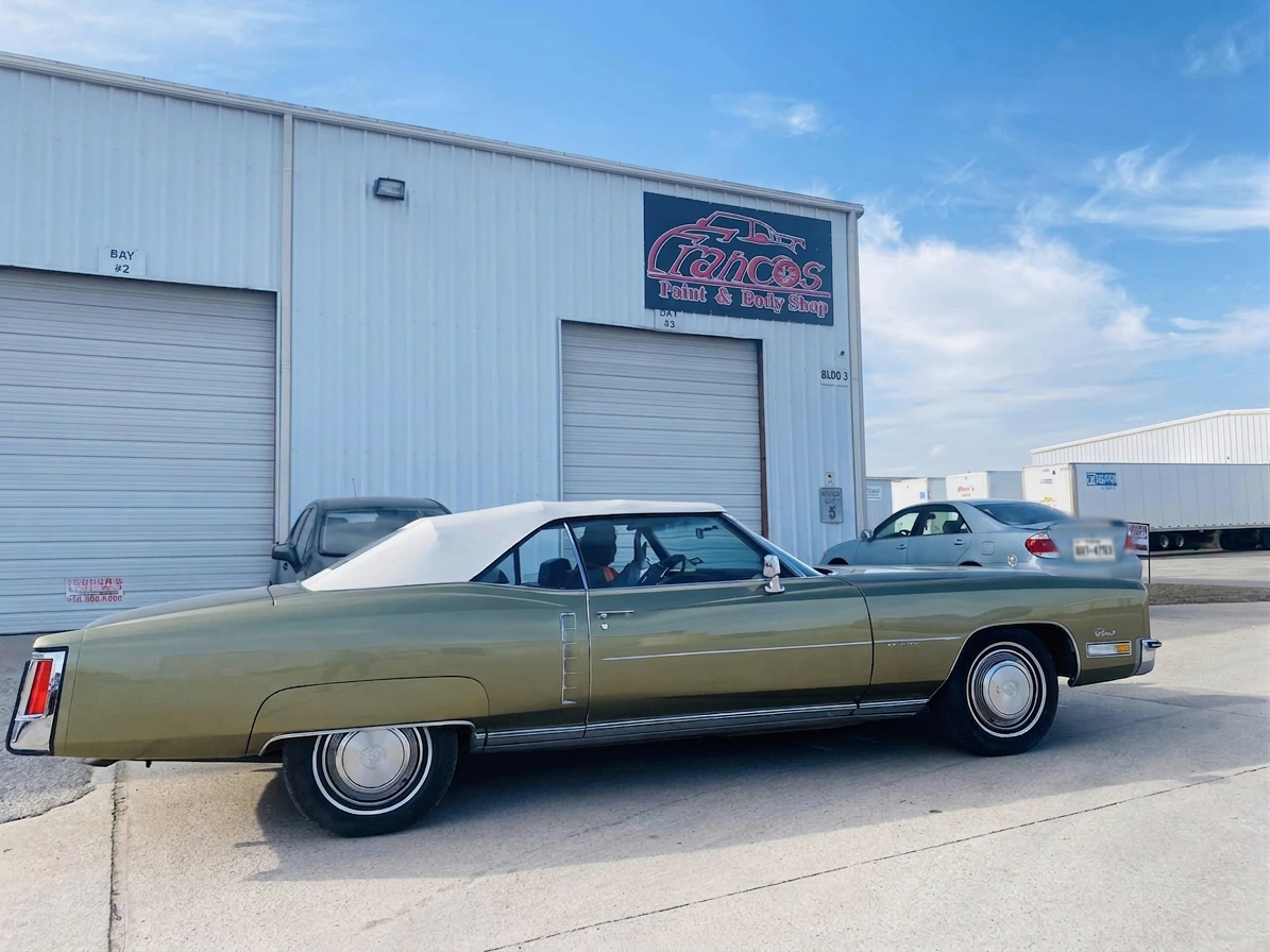 '71 Cadillac Eldorado
Convertible classic gleaming in front of the shop — straight out of our booth.