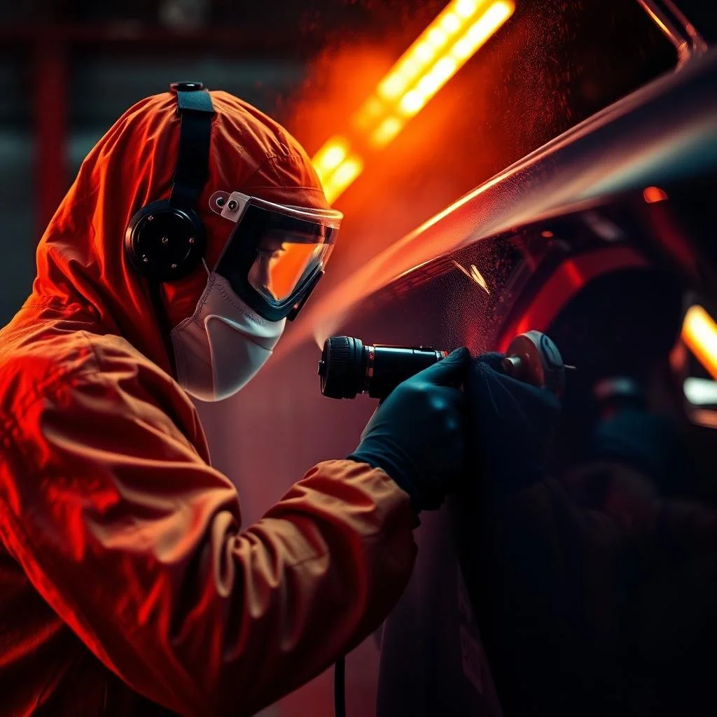 A worker in protective gear, including a hood, face shield, and gloves, is welding a car in a workshop, with sparks and orange lighting in the background.