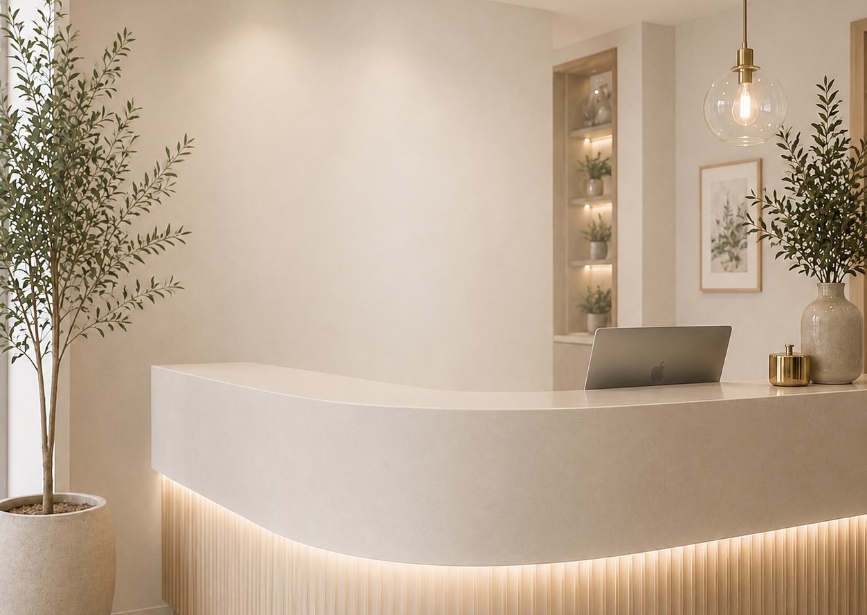 Modern dental office reception area with warm lighting.