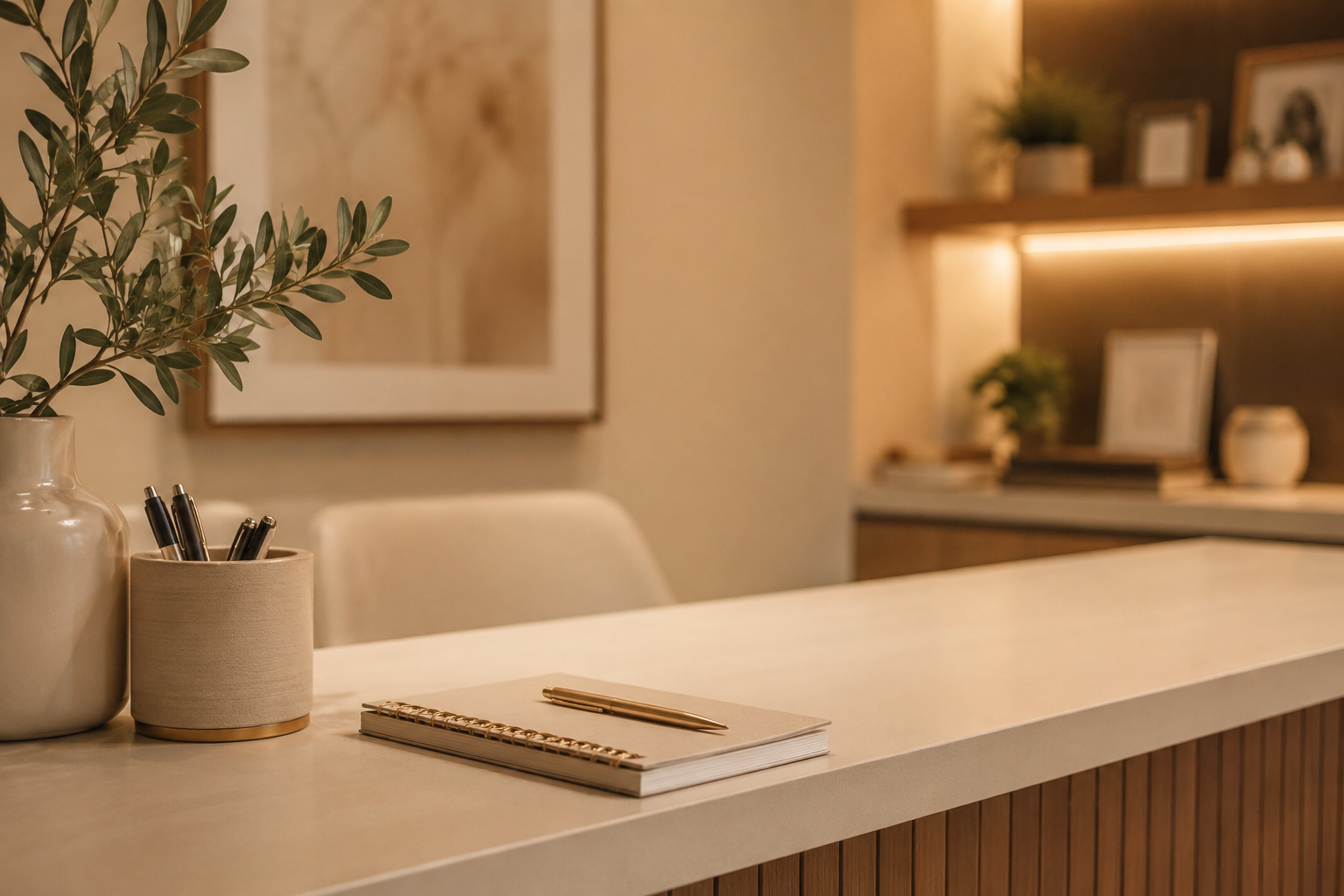 Dental office reception desk with neutral decor.