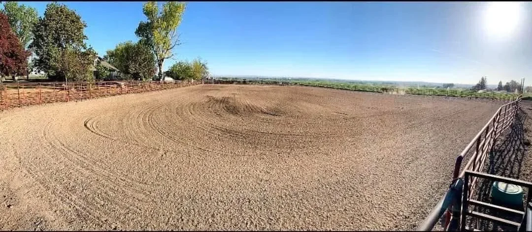 Empty outdoor riding arena with groomed dirt surface and surrounding fence, under a clear blue sky.
