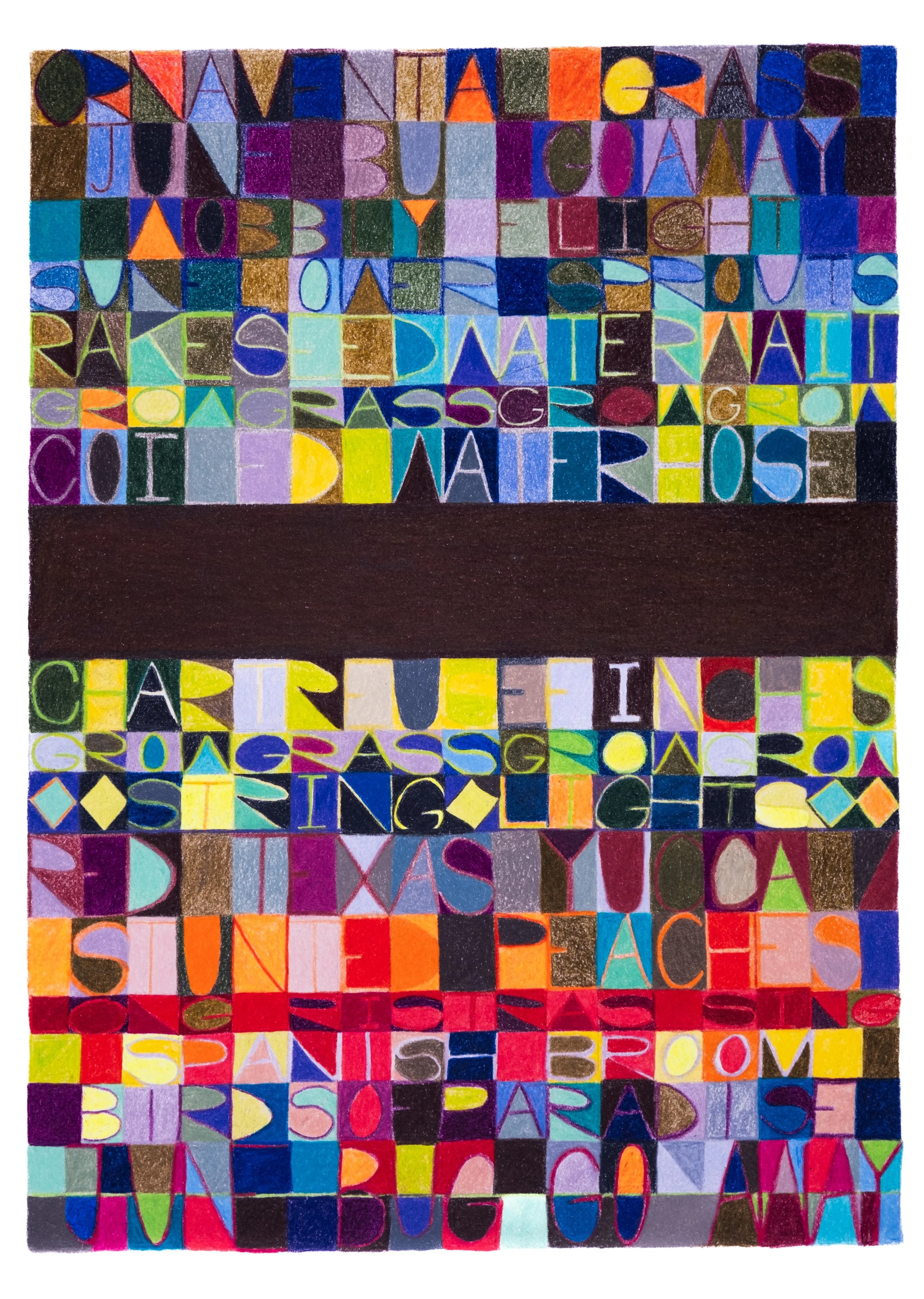 Artist Sarah Heyward's colorful mosaic of handwritten letters and words on small squares, forming a collage with various vibrant colors.