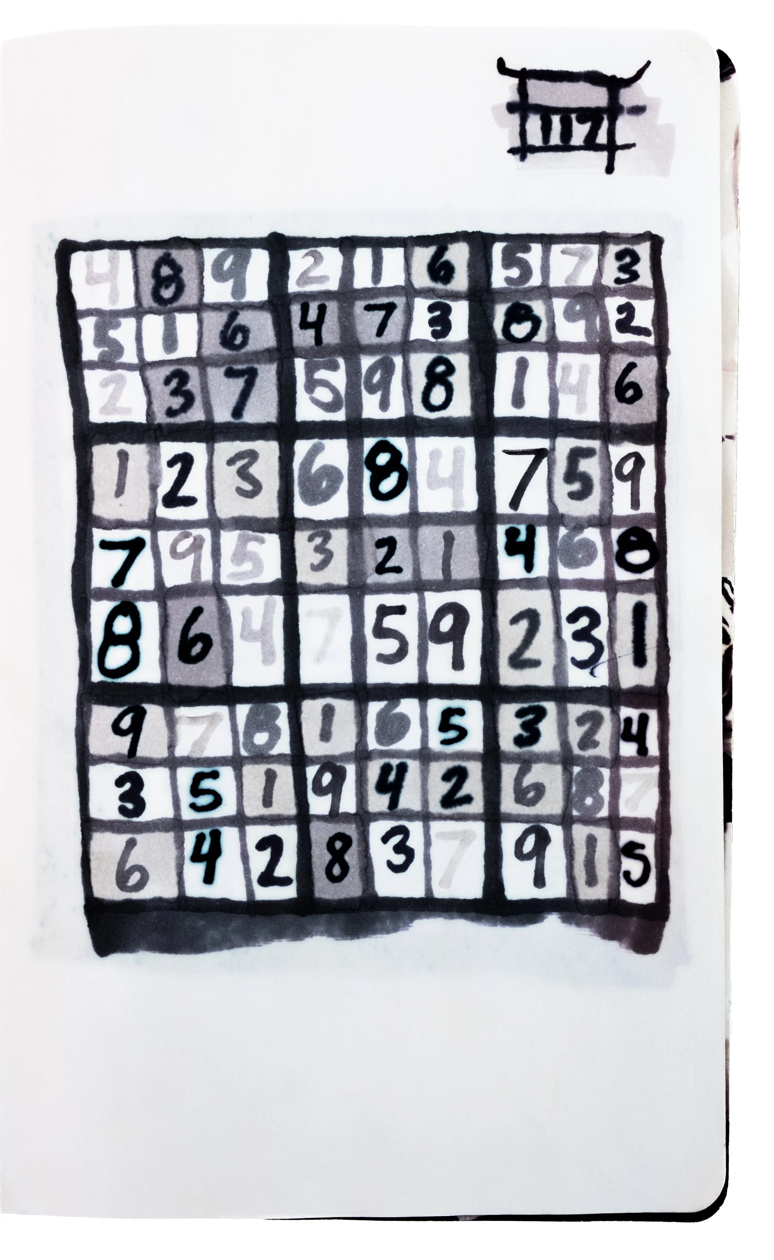 A hand-drawn Sudoku puzzle with numbers filled in some cells, enclosed in a grid with thick black lines. Sarah Heyward's sketchbook documentation.