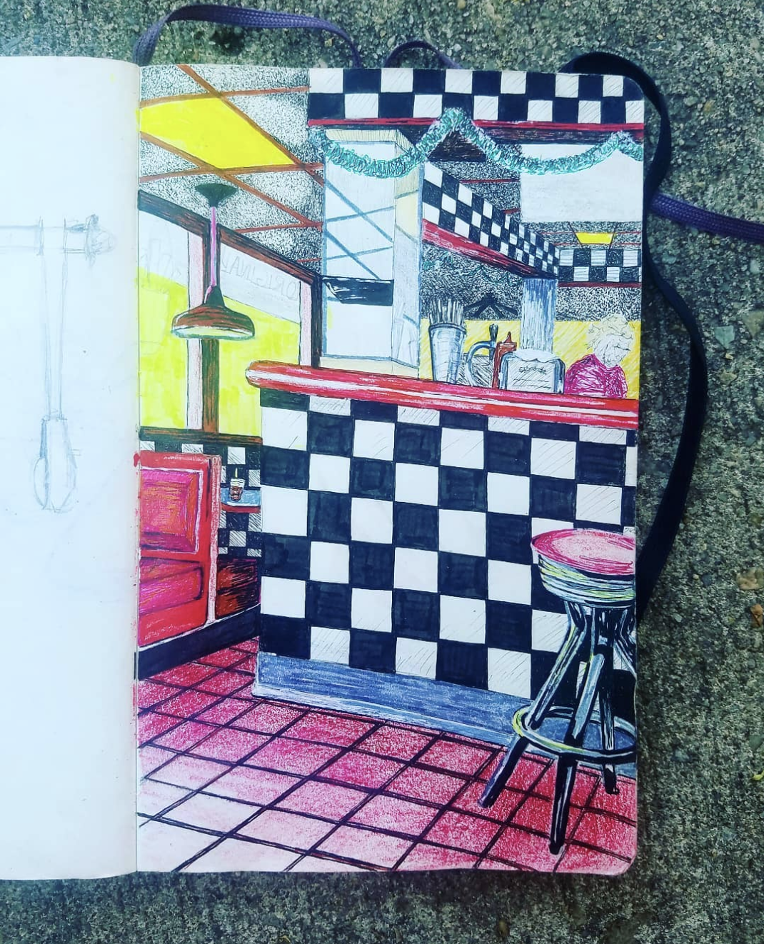 A colorful illustration of a cafe interior with a black and white checkered counter, red accents, a stool in the foreground. Sarah Heyward's sketchbook documentation.