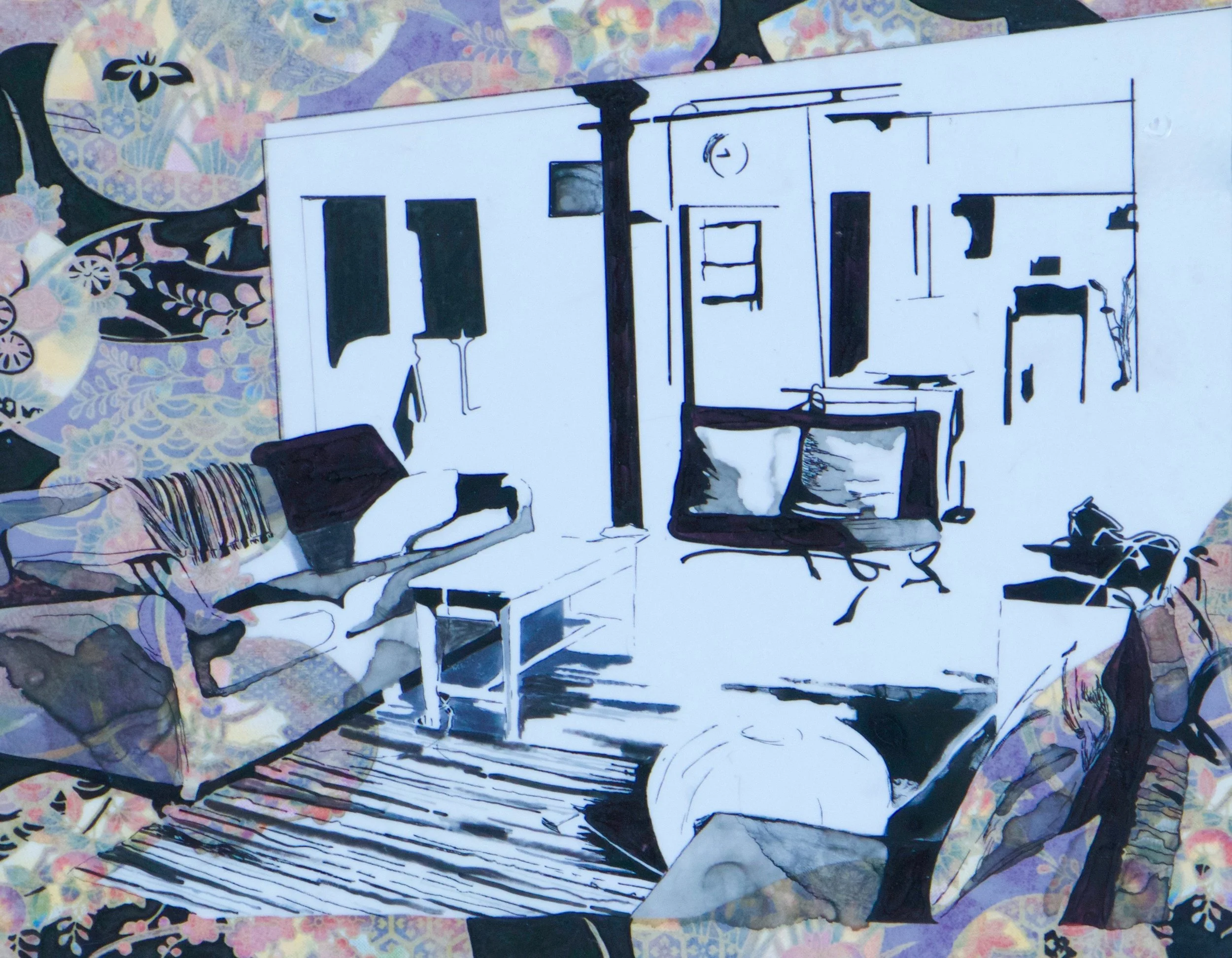 Patterns and layers black and white abstract drawing of a interior scene by contemporary artist Sarah Heyward.