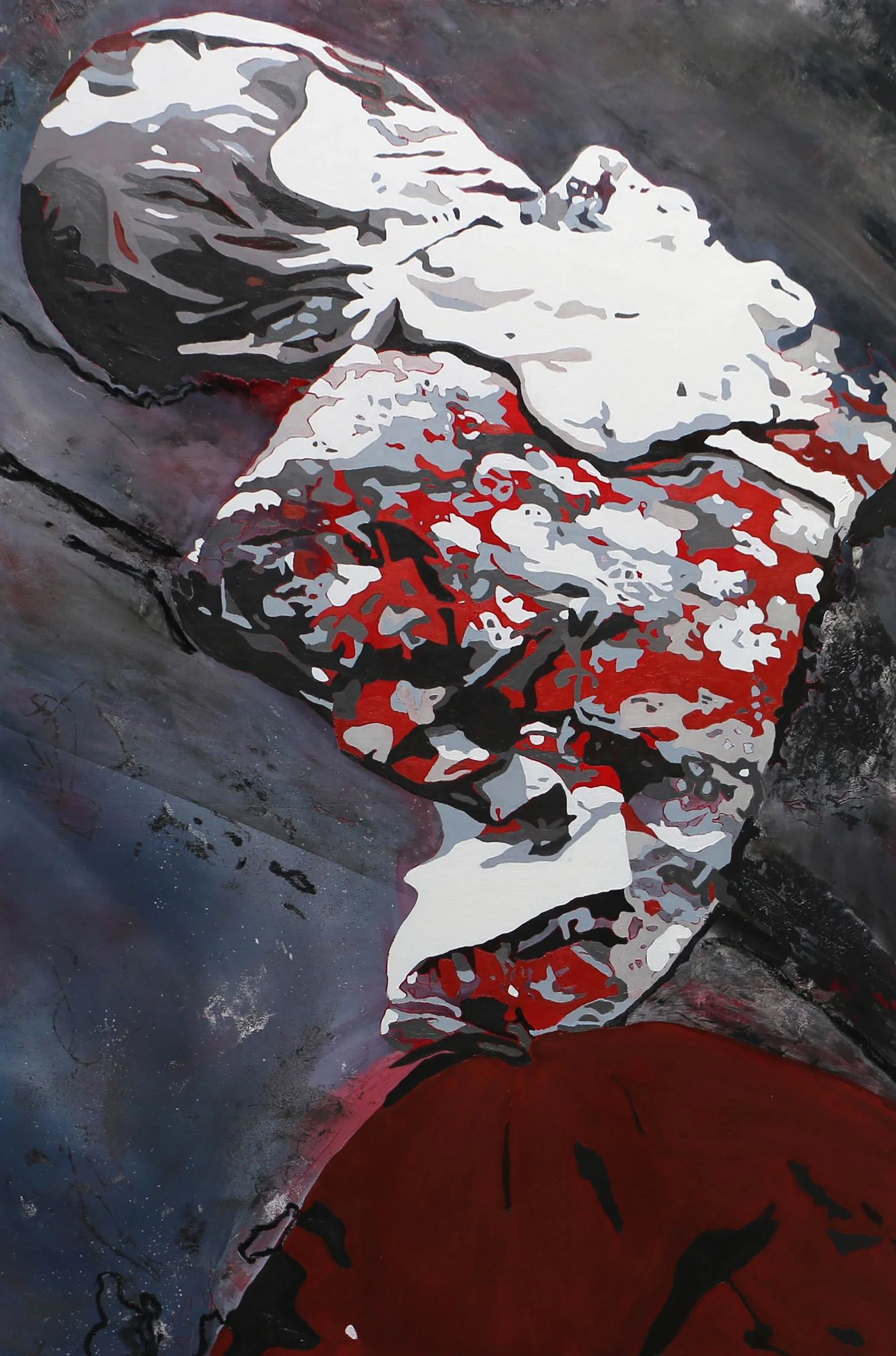 An abstract painting of a human-like form, a pile of cloth and abstracts.