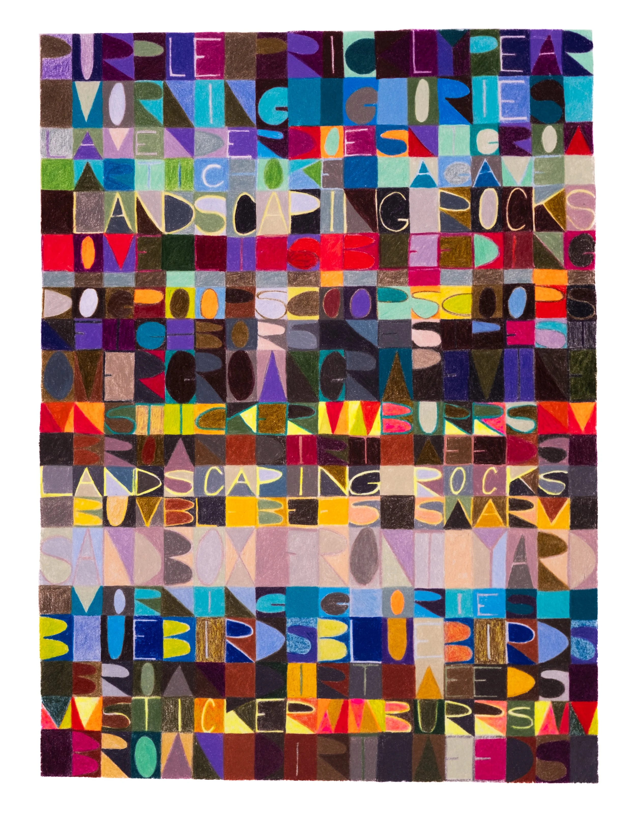 Colorful grid of hand-drawn squares featuring various words related to music, art, and nature.