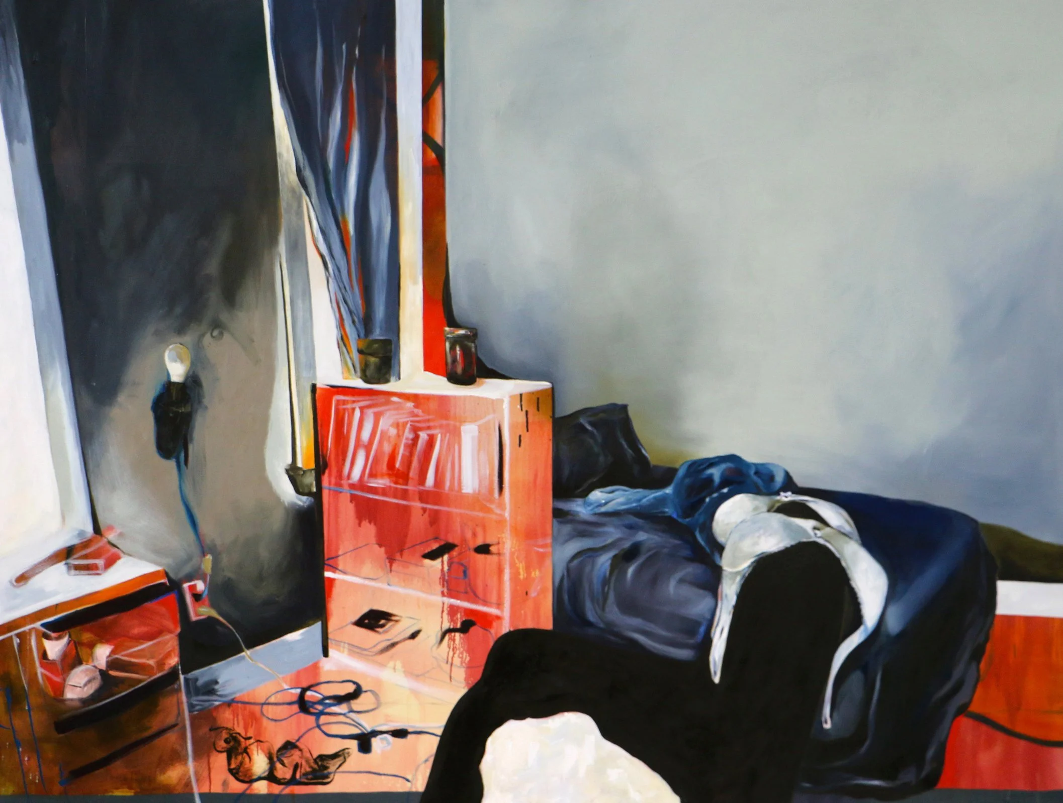 Contemporary interior painting with moody colors, blacks and blues.
