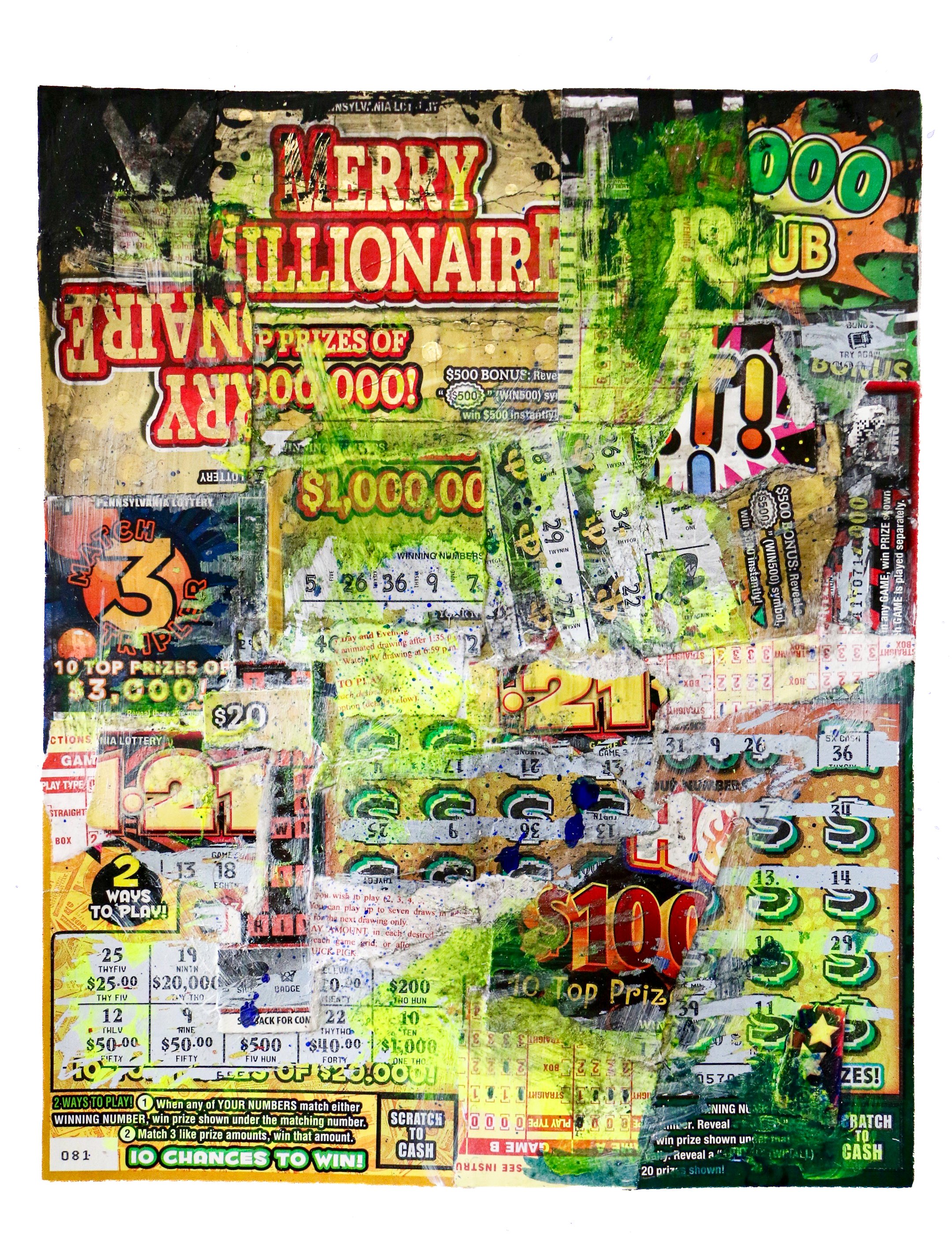 Contemporary text-based artworks by Sarah Heyward. A collage of various scratch-off lottery tickets with bright colors, text, and prize amounts visible, including the words 'Merry Millionaire' and instructions for playing.