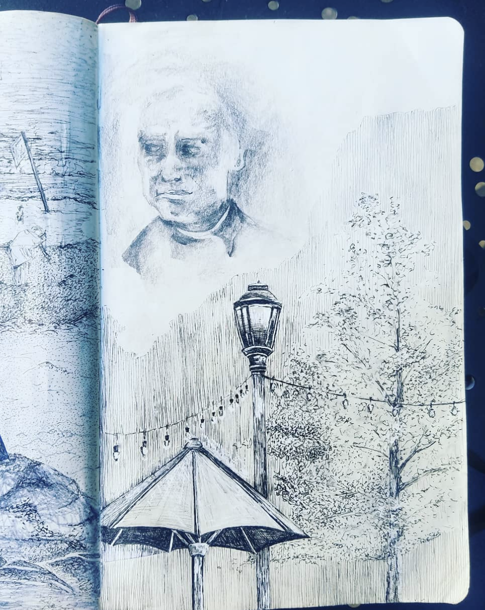 A sketchbook page with a portrait of a man, a lamp post, an umbrella, and trees in a park-like setting. Sarah Heyward's sketchbook documentation.