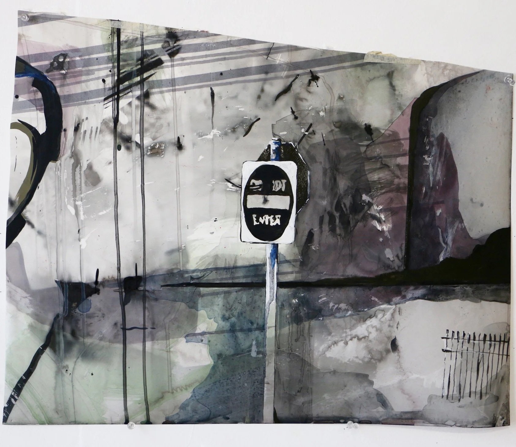 Abstract mixed-media artwork featuring a black and white face mask painted on a stick with black paint drips, surrounded by black lines, splashes, and dark shapes on a textured background with gray, black, and muted colors.