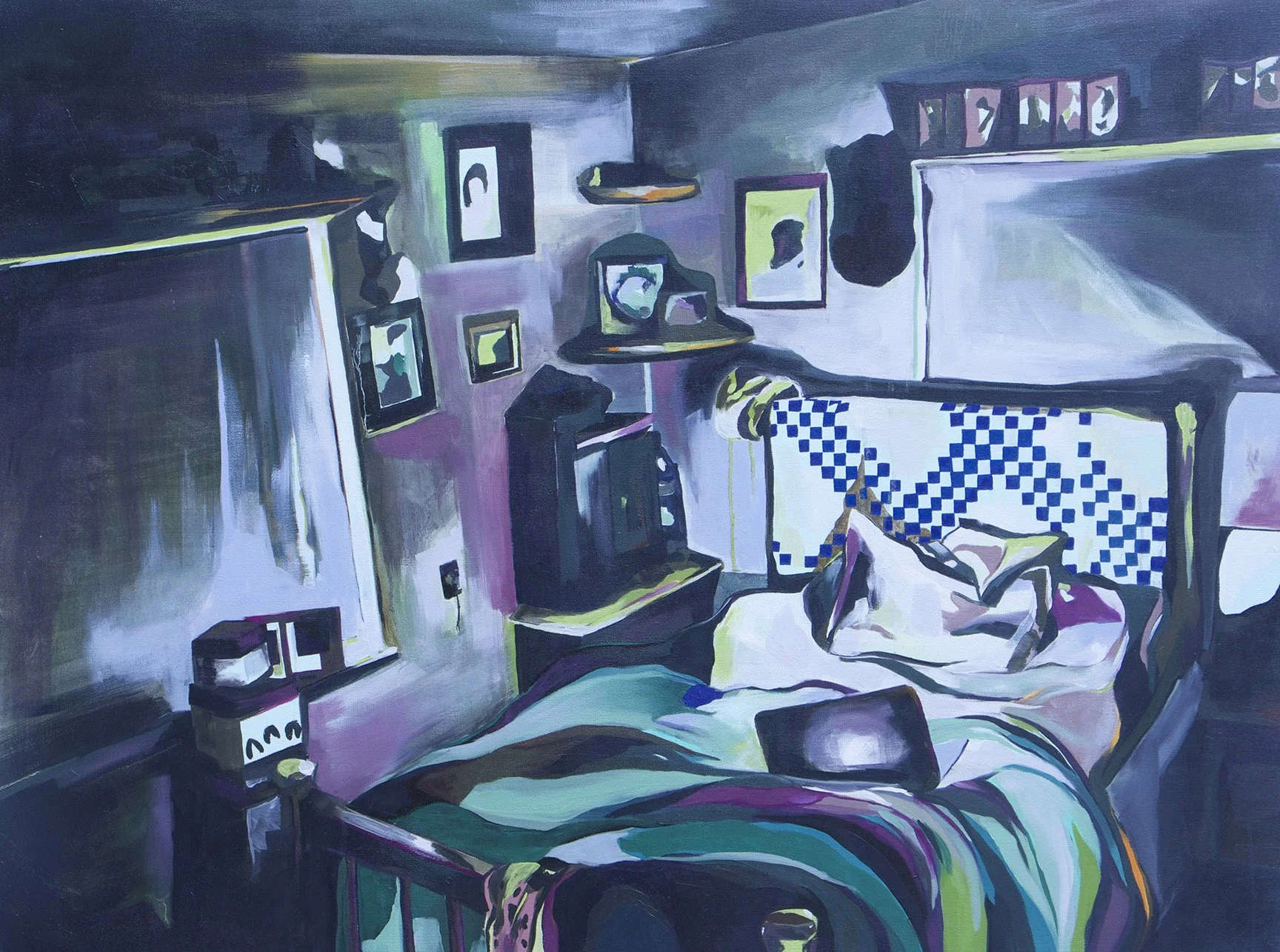 An abstract painting of a cozy bedroom, depicted with bold, expressive brushstrokes and vivid colors by contemporary multi-disciplinary artist Sarah Heyward