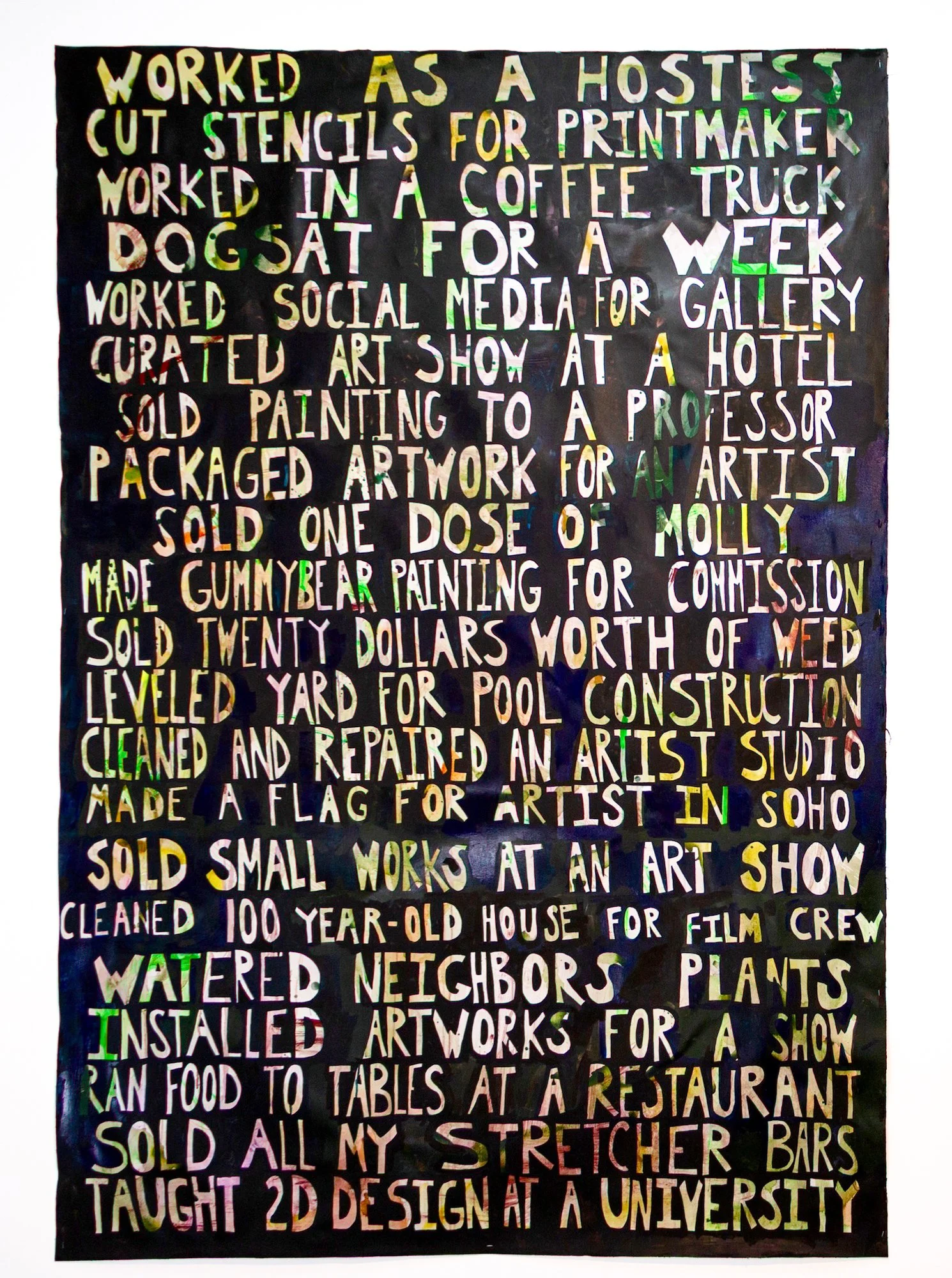 Text art on black fabric background describing various activities and work experiences, including working as a hostess, in a coffee truck, social media, art shows, packaging artwork, and teaching design at a university.