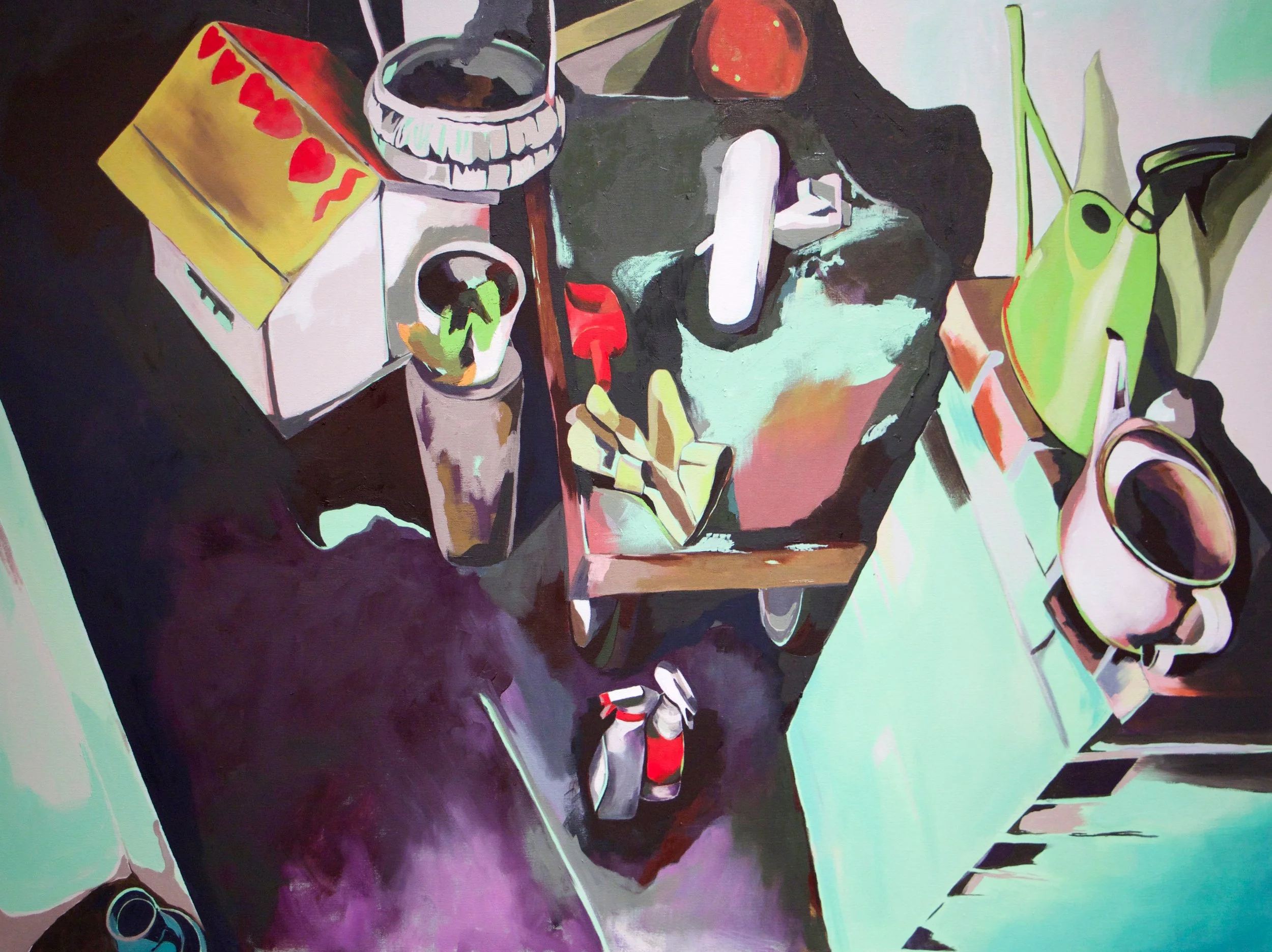 A colorful painting of an interior scene, birdhouse, gloves, narrative scene.