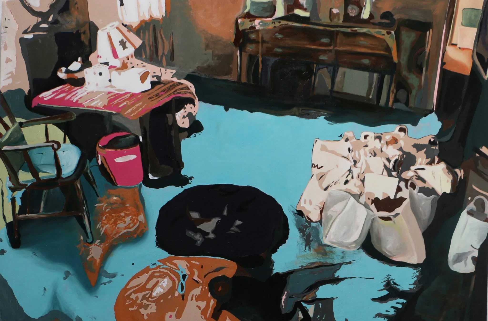 Abstract painting of a cluttered room with furniture and various objects, painted in bold and swirling brushstrokes by contemporary New Mexico-based, multi-disciplinary artist Sarah Heyward.