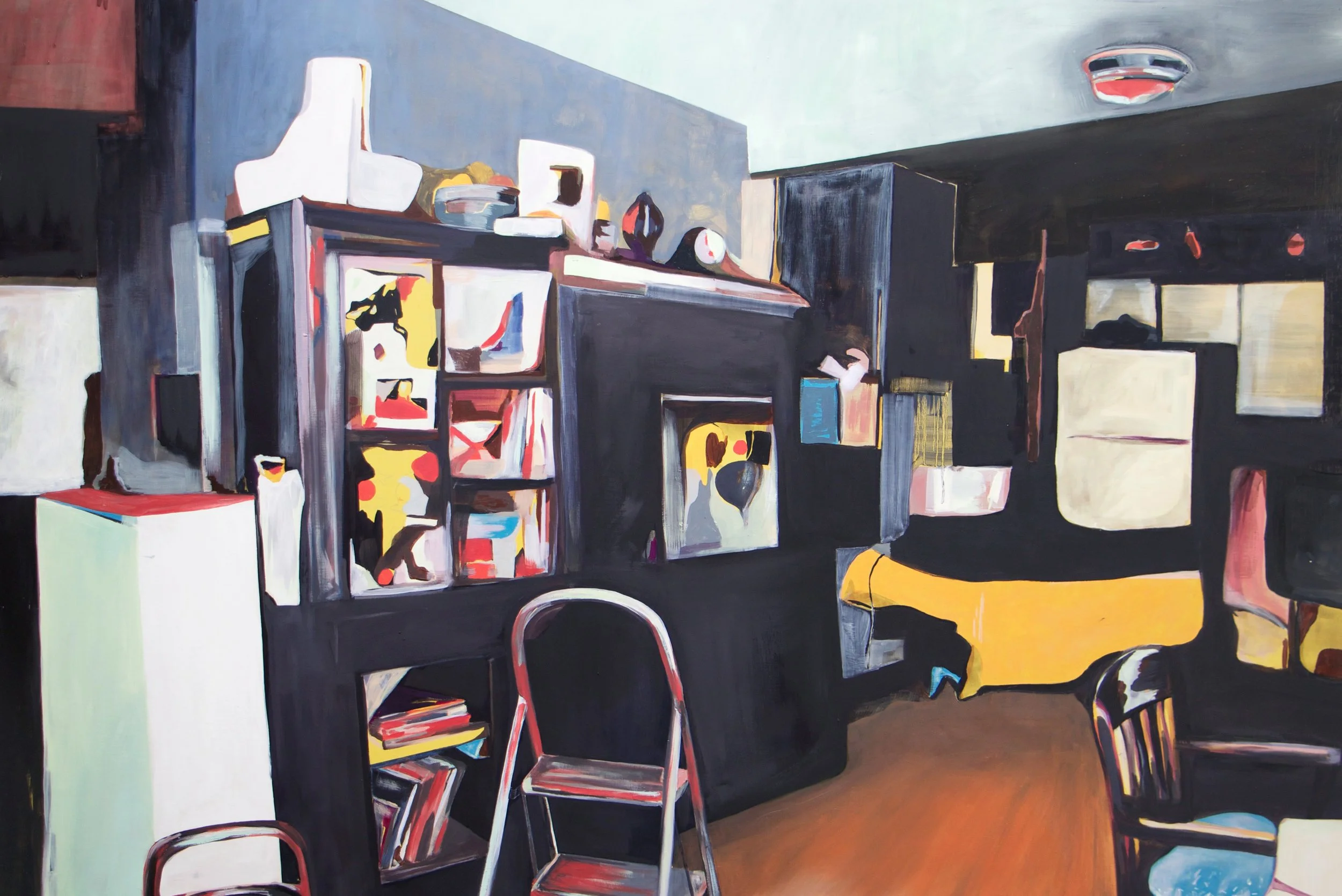An interior scene of a room with shelves filled with books, framed pictures, and decorative items. There is a yellow chair and a black cabinet against the wall. The floor is wooden, and the overall style is abstract with bold brushstrokes and vibrant colors.