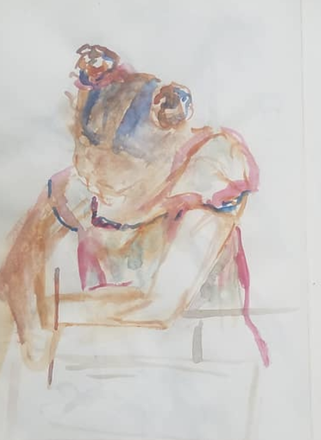 Watercolor painting of a woman with glasses sitting at a table, with her hand on her head. Sarah Heyward's sketchbook documentation.