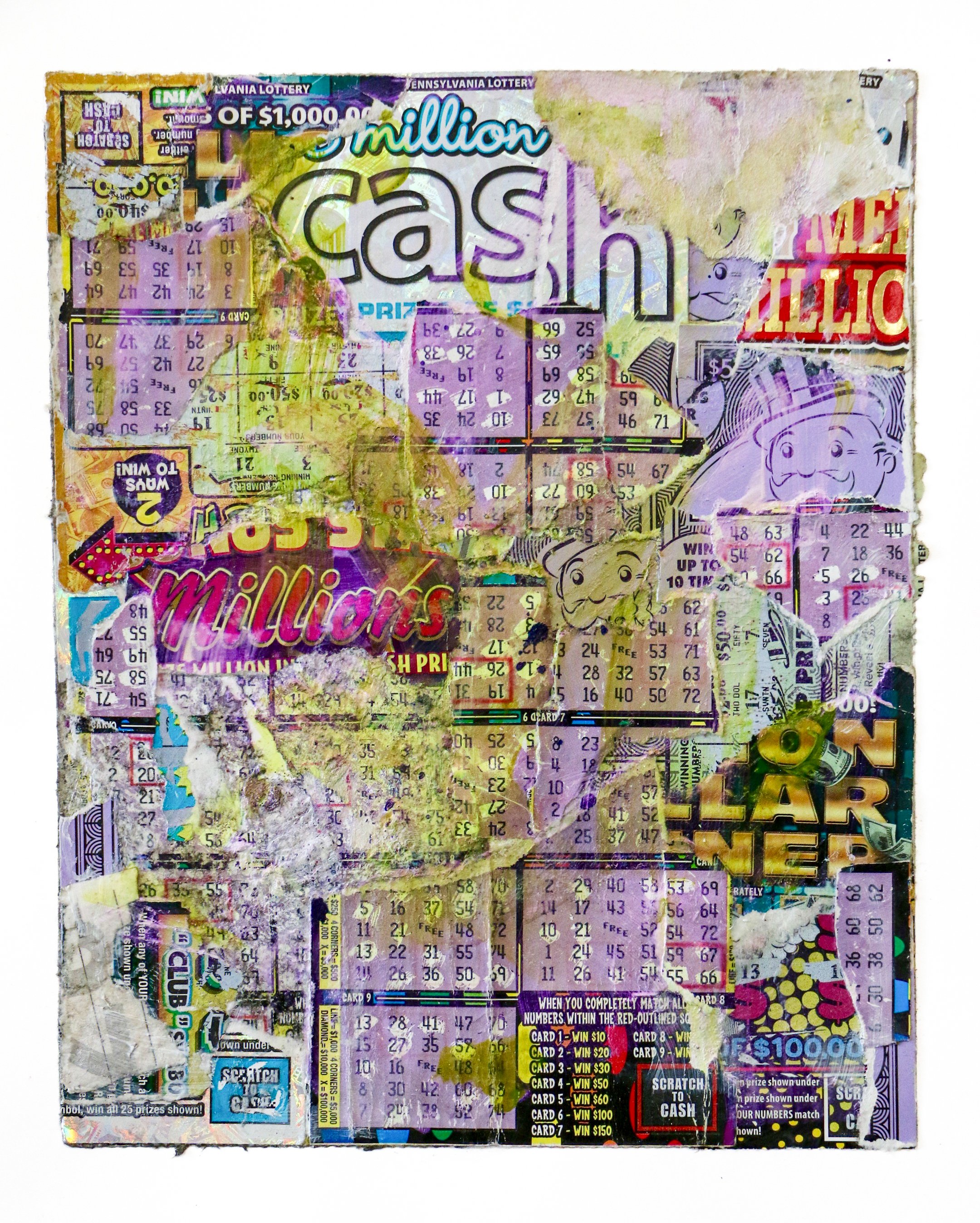 A heavily worn and torn scratch-off lottery ticket with overlapping layers of paper, revealing numbers, text, and colorful graphics underneath.
