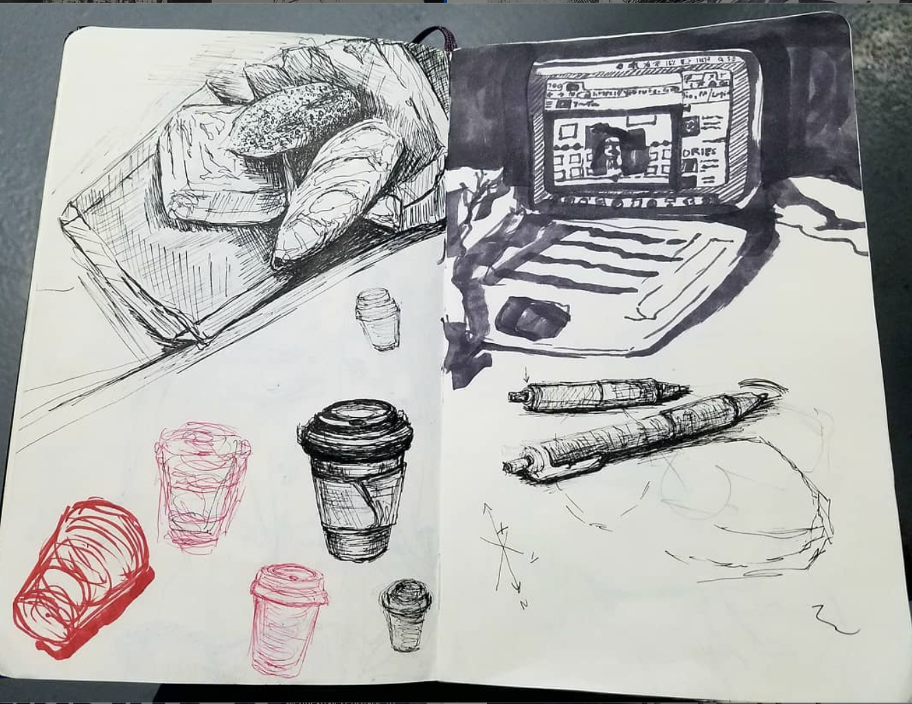 Sketch of a food scene with a box of pastries, multiple coffee cups, and two pens on a table, alongside a laptop with a screen displaying a website or social media profile.