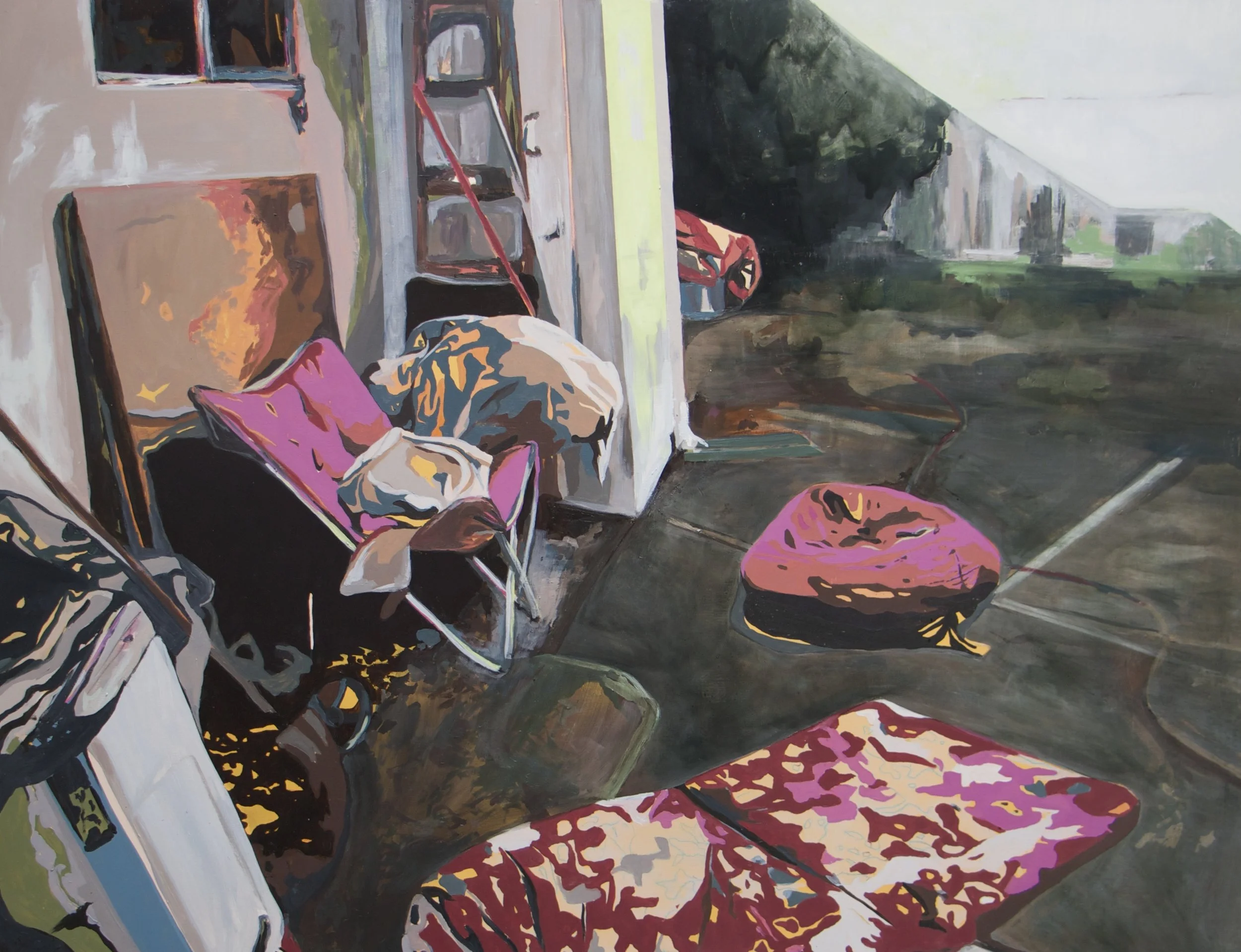 An abstract painting of a porch with a pink and purple patterned blanket, bags, and chairs, with a view of a bridge in the background by contemporary New Mexico-based, multi-disciplinary artist Sarah Heyward