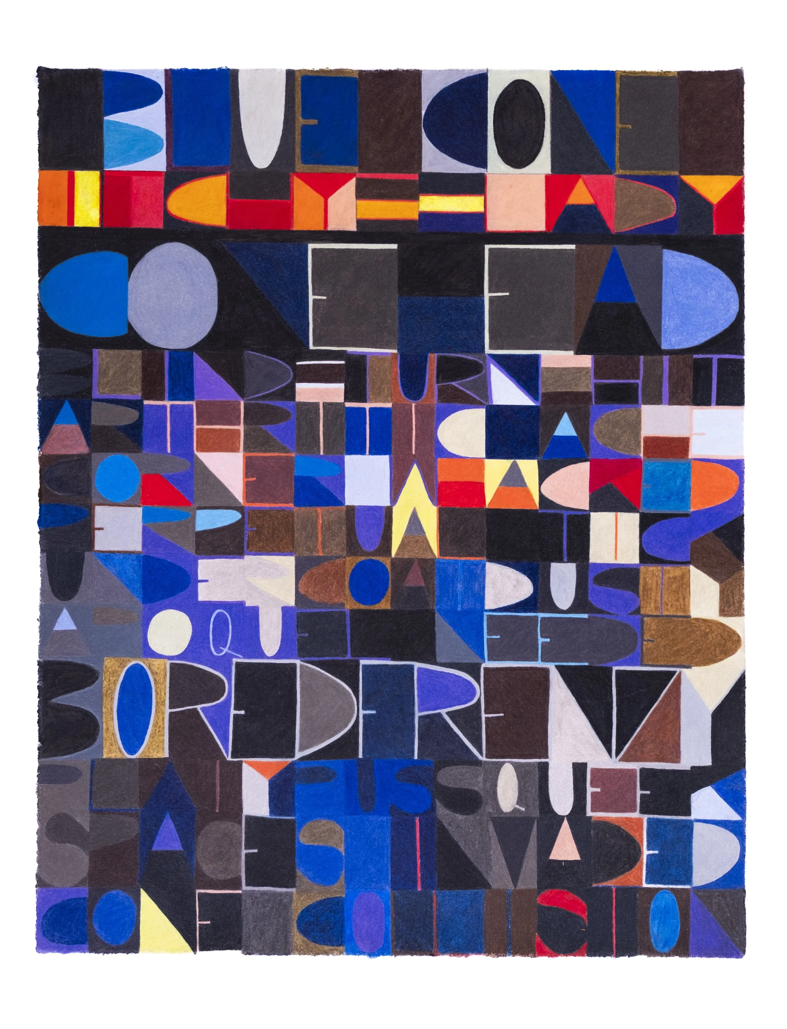 Artist Sarah Heyward's colorful mosaic of handwritten letters and words on small squares, forming a collage with various vibrant colors.