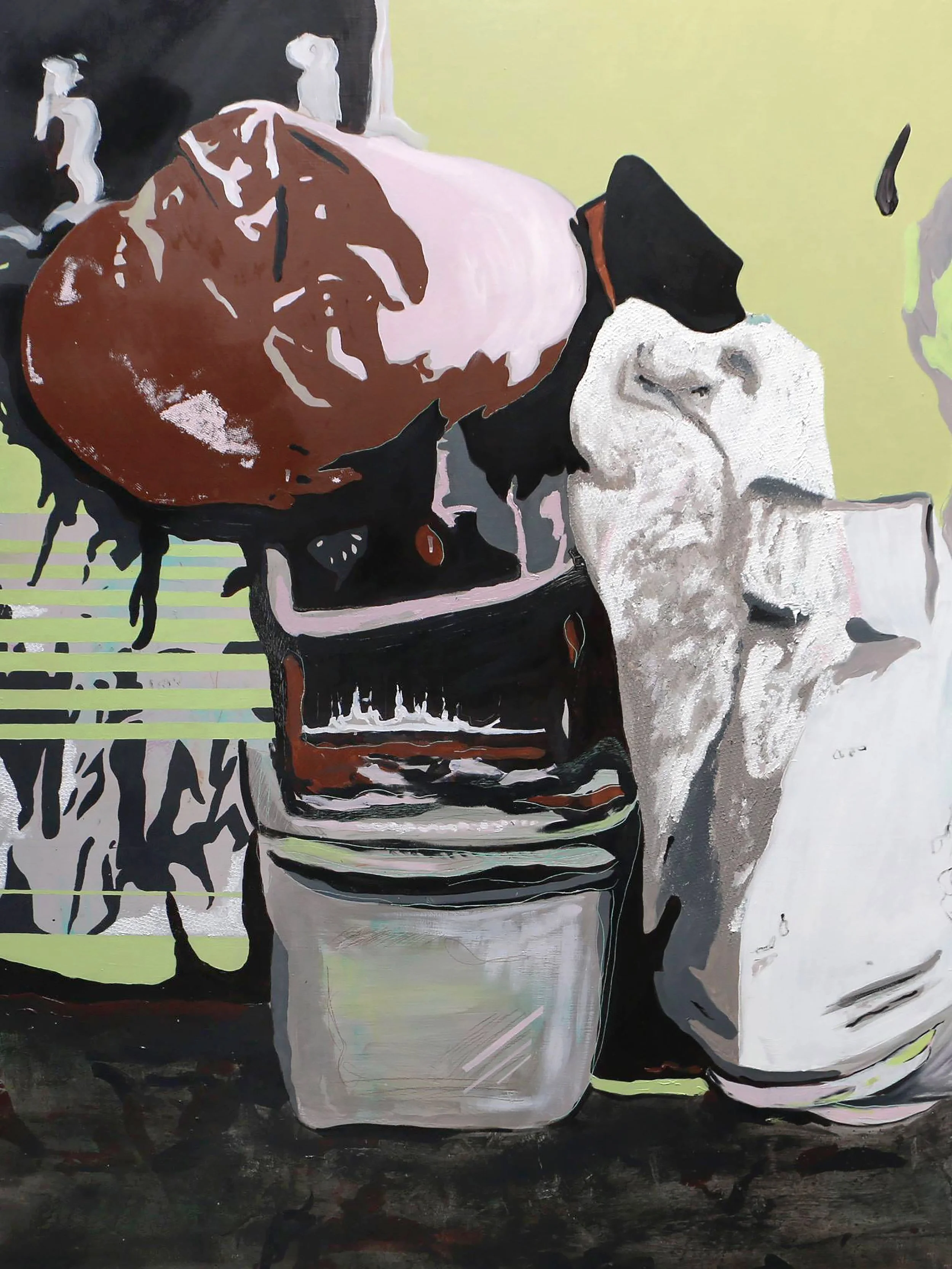 Close-up of a painting of stacks of objects. Contemporary abstraction by artist Sarah Heyward.