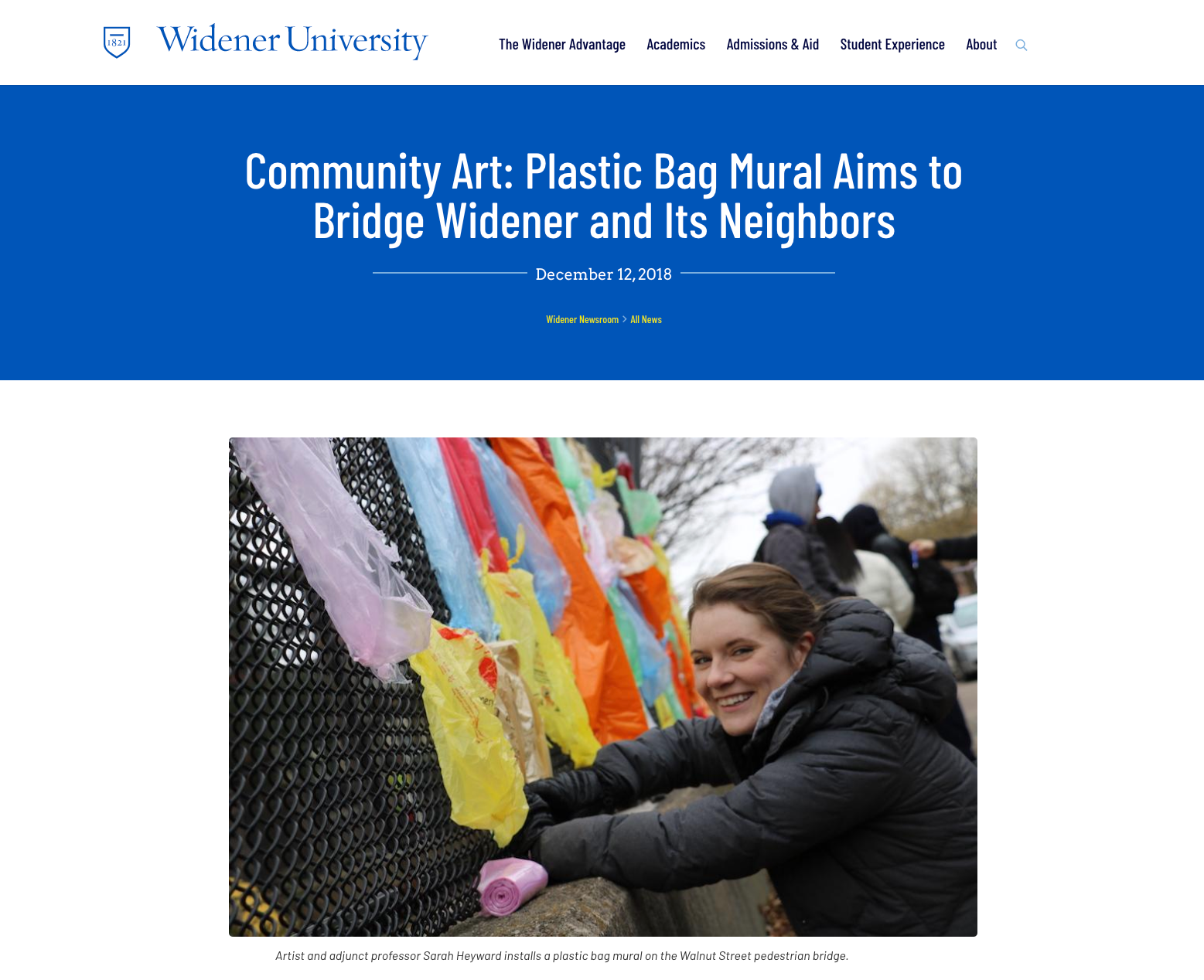 Sarah Heyward installing a colorful plastic bag mural on a sidewalk pedestrian bridge near Philadelphia with onlookers in the background.
