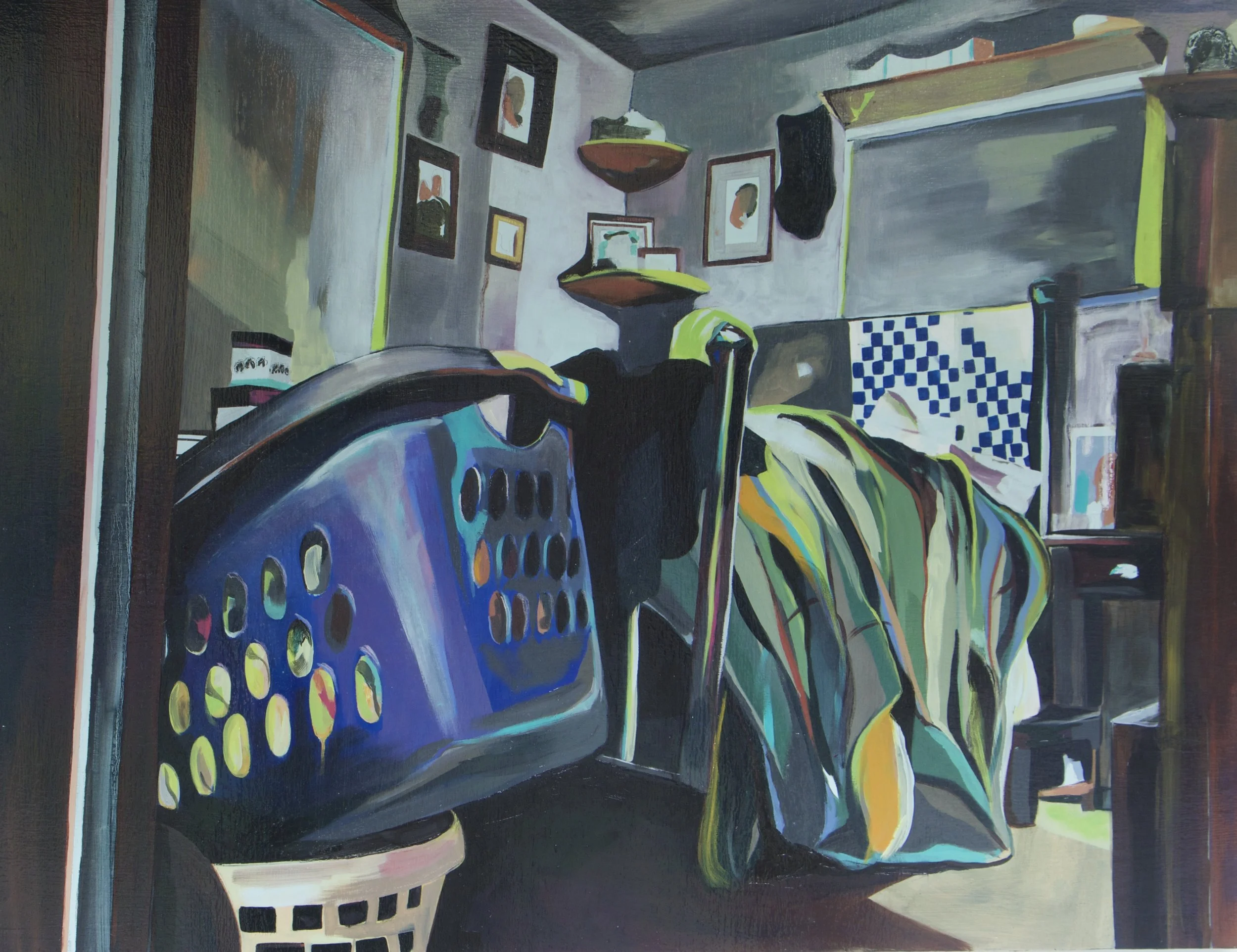 A colorful abstract painting depicting household objects like a laundry basket, chairs, and framed pictures on the walls by contemporary New Mexico-based, multi-disciplinary artist Sarah Heyward