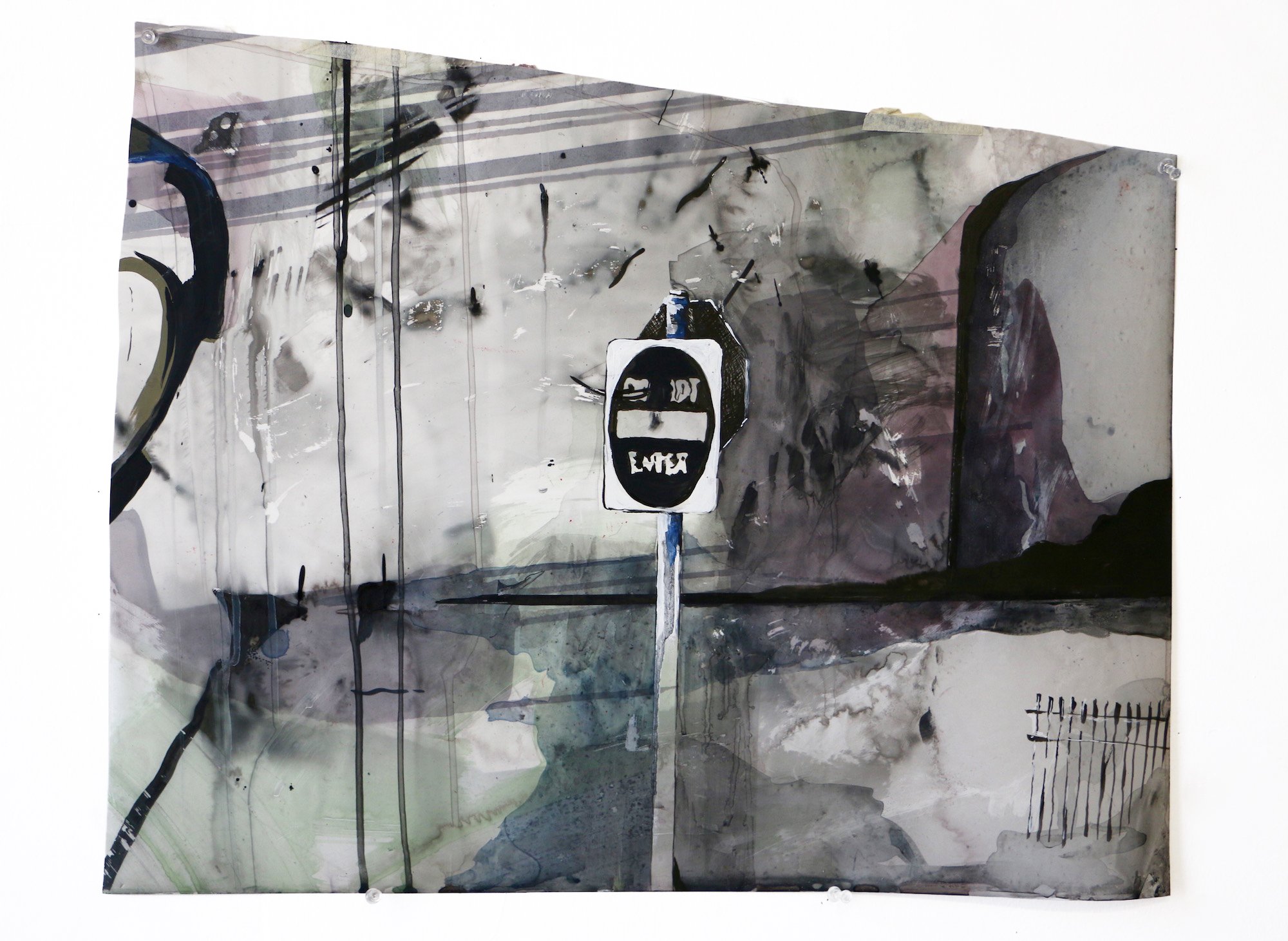 Abstract mixed media artwork featuring "Do Not Enter" sign in black, white, and shades of gray with splashes of color, lines, and shapes.