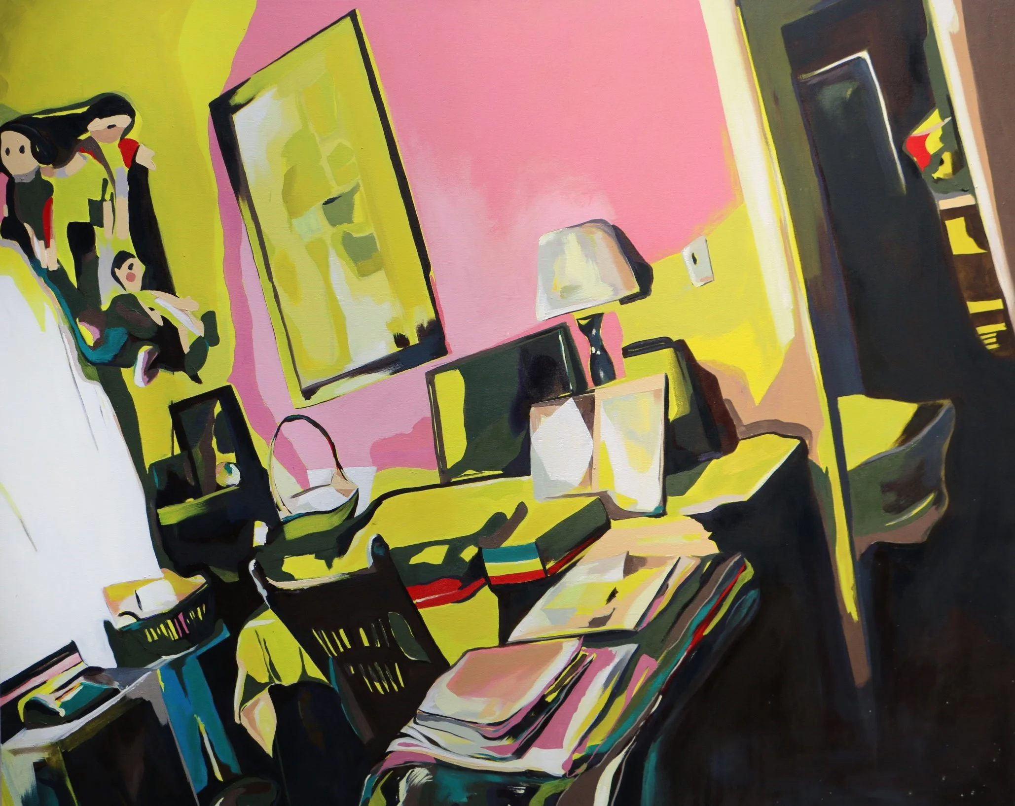 A colorful abstract painting with vibrant shades of pink, yellow, black, and blue, depicting a scene with clutter and furniture.