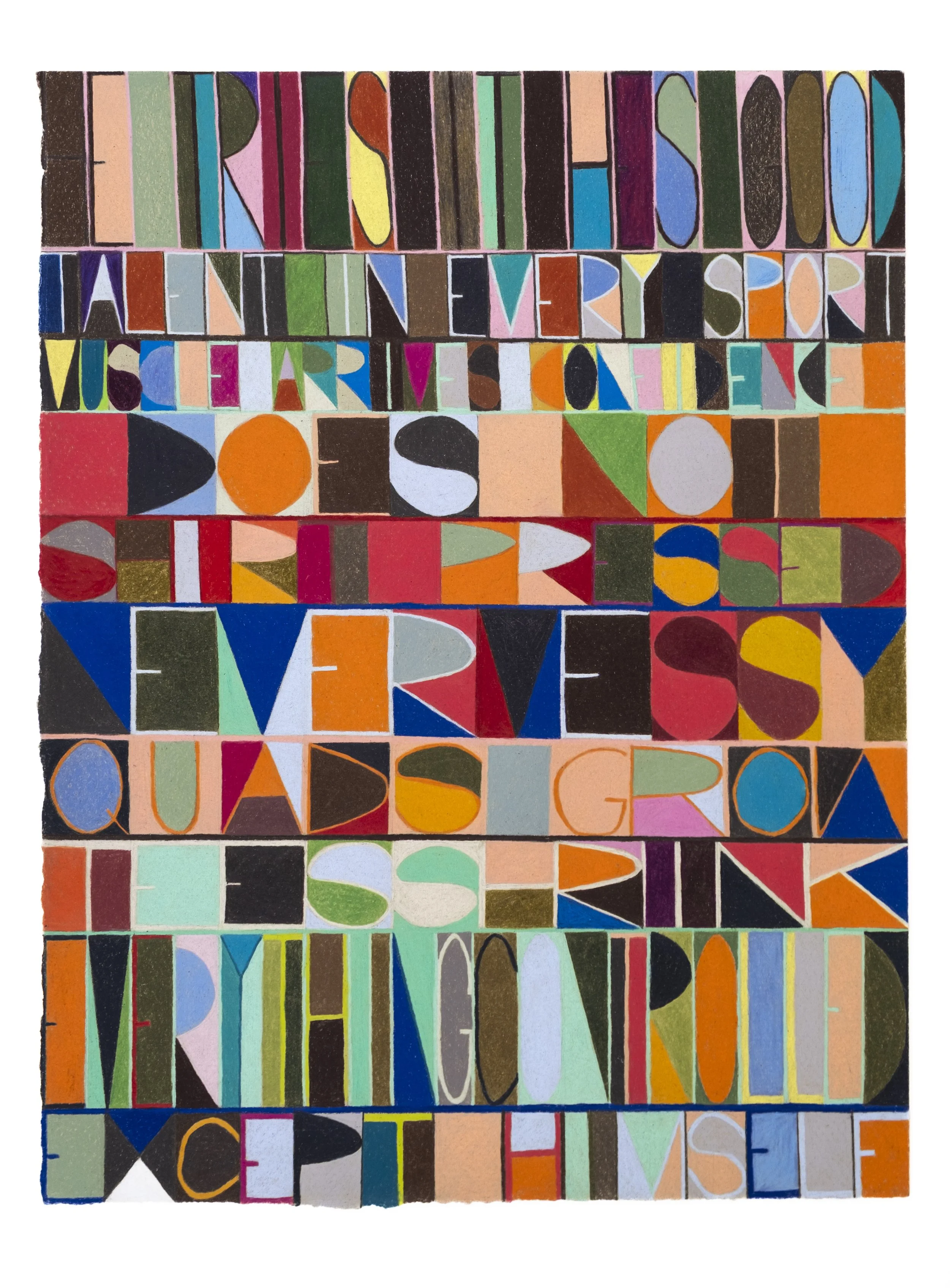 Artist Sarah Heyward's colorful mosaic of handwritten letters and words on small squares, forming a collage with various vibrant colors.