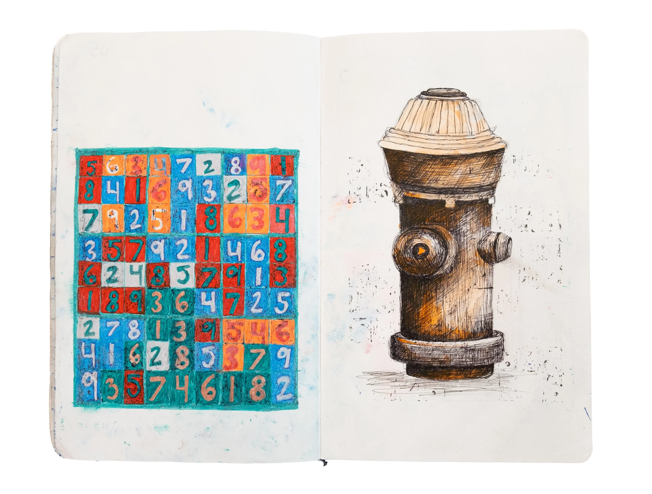 Sketch of a colorful Sudoku puzzle and fire hydrant. Sarah Heyward's sketchbook documentation.