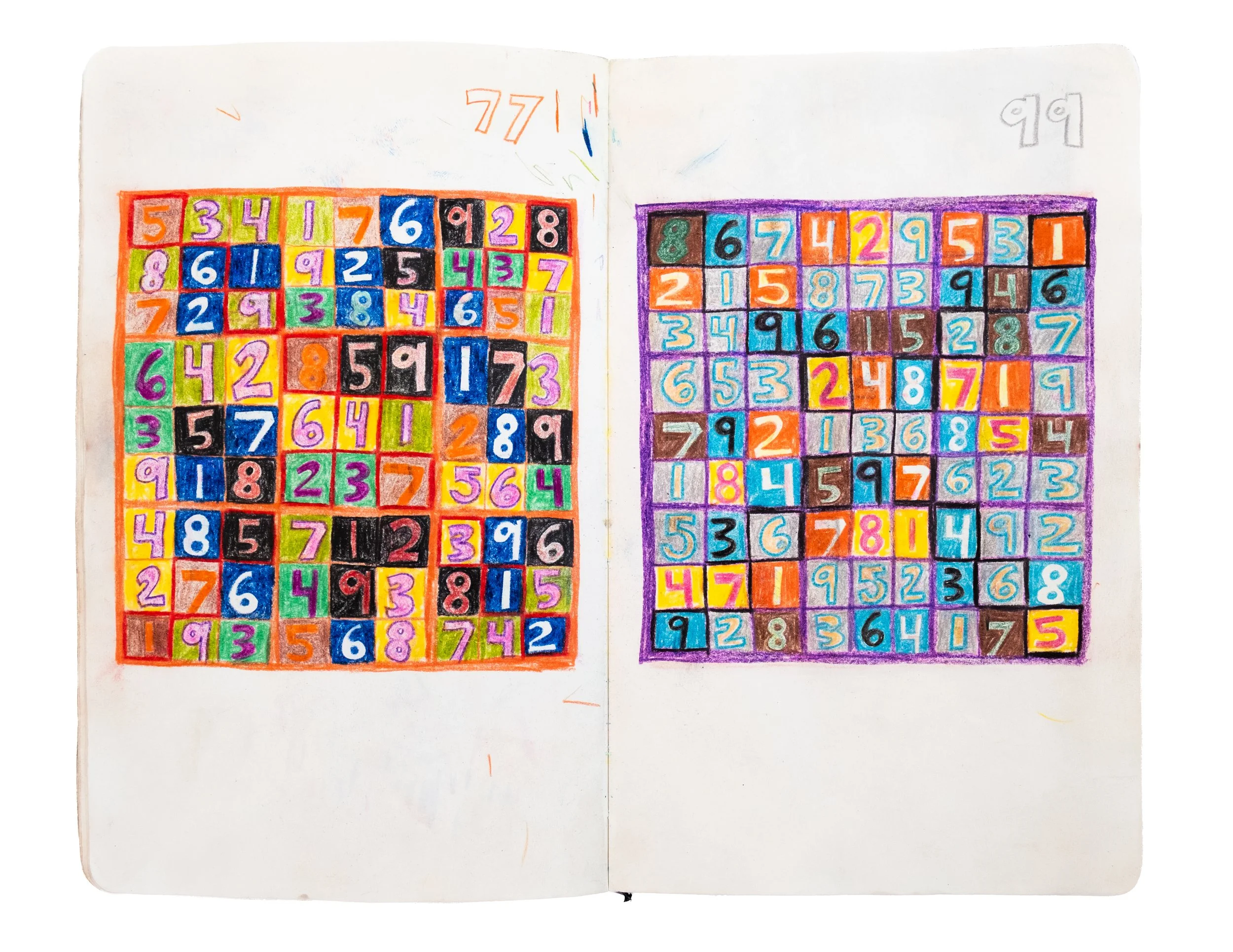 Colorful hand-drawn grid of numbers from 1 to 9, arranged in multiple rows and columns, with each number inside a brightly colored square.