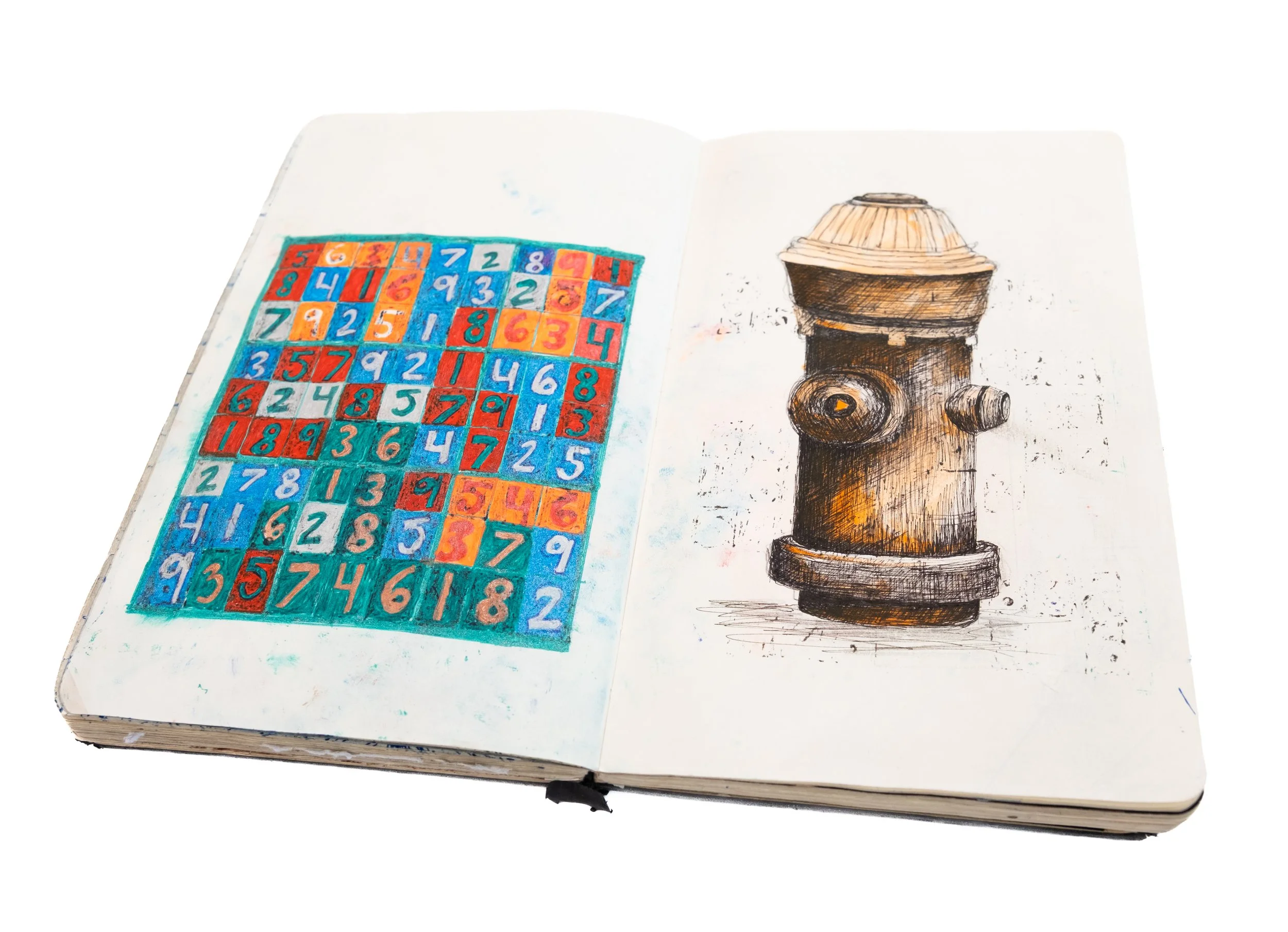 Sketch of a colorful Sudoku puzzle and fire hydrant. Sarah Heyward's sketchbook documentation.