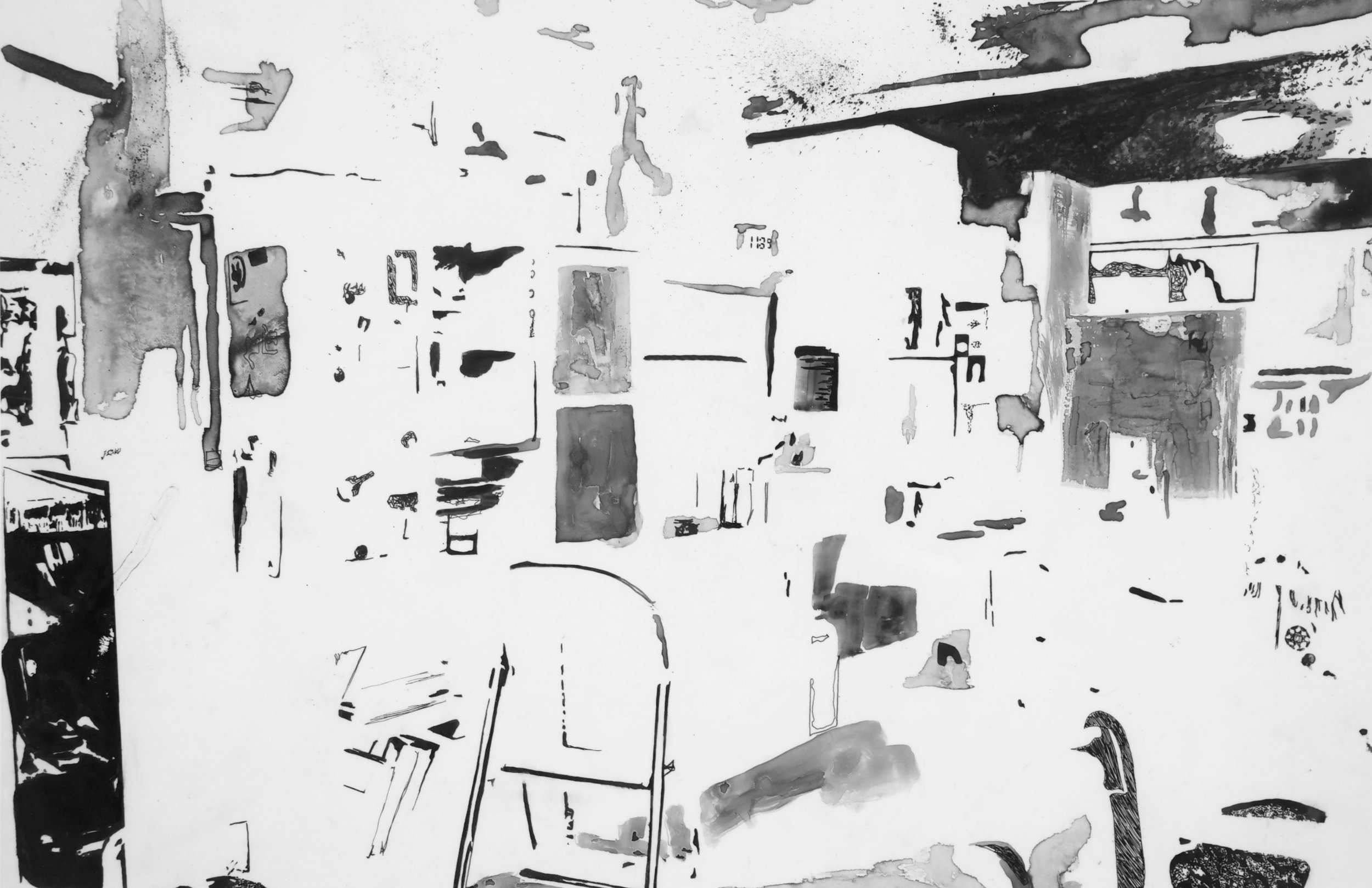 Black and white abstract drawing of a interior kitchen clutter by contemporary artist Sarah Heyward.