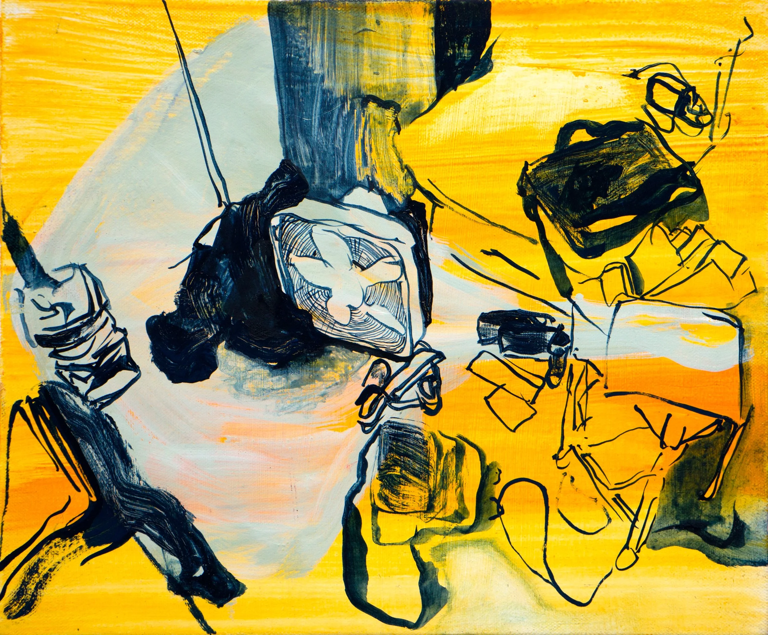 Close-up of an abstract painting with fans and cluttered objects.