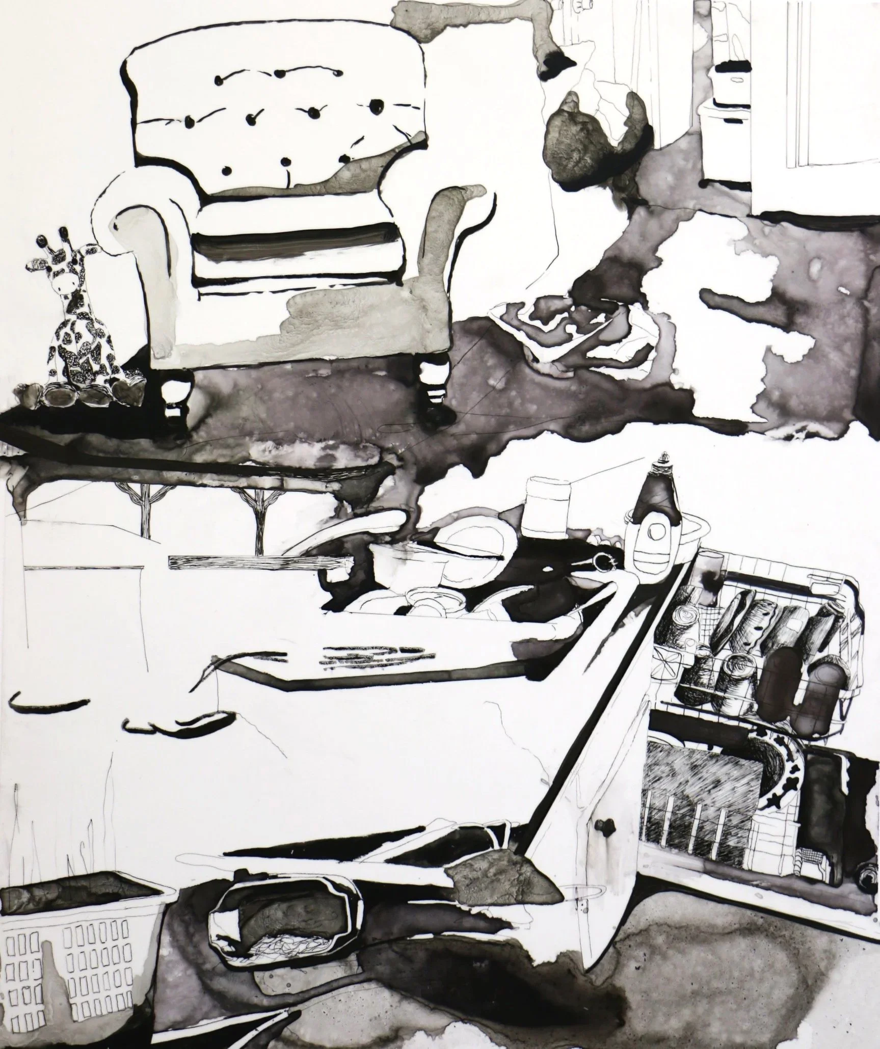 A black and white watercolor-style drawing of a living room with a sofa, a small giraffe figurine, a coffee table, and various objects such as bottles and a basket. The image appears to be a sketch with some areas filled in with black ink.
