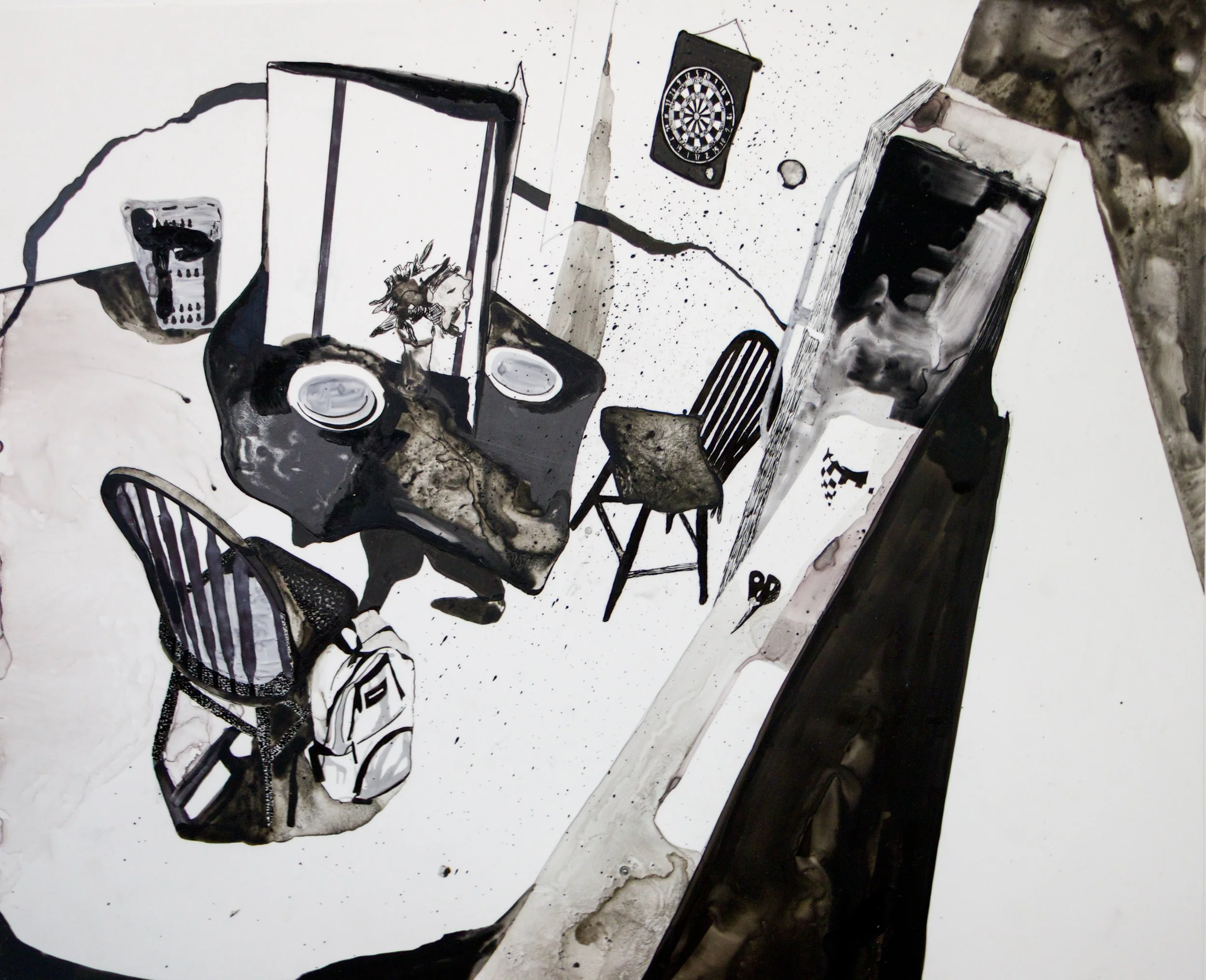 Contemporary painter and printmaker Sarah Heyward's layered inkwash drawings of interior scene.
