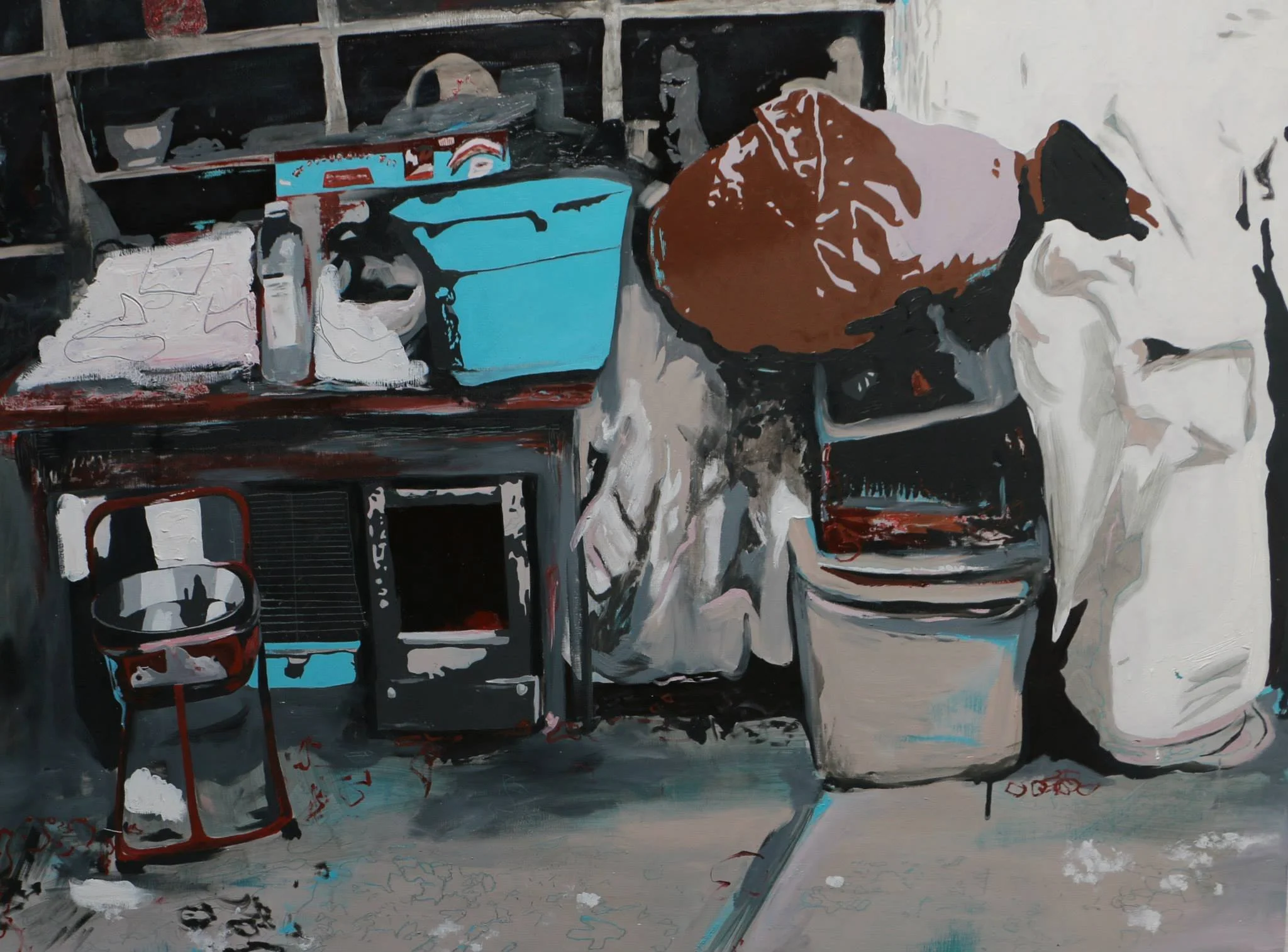An abstract painting of a cluttered work space with shelves filled with miscellaneous items by contemporary New Mexico-based, multi-disciplinary artist Sarah Heyward.