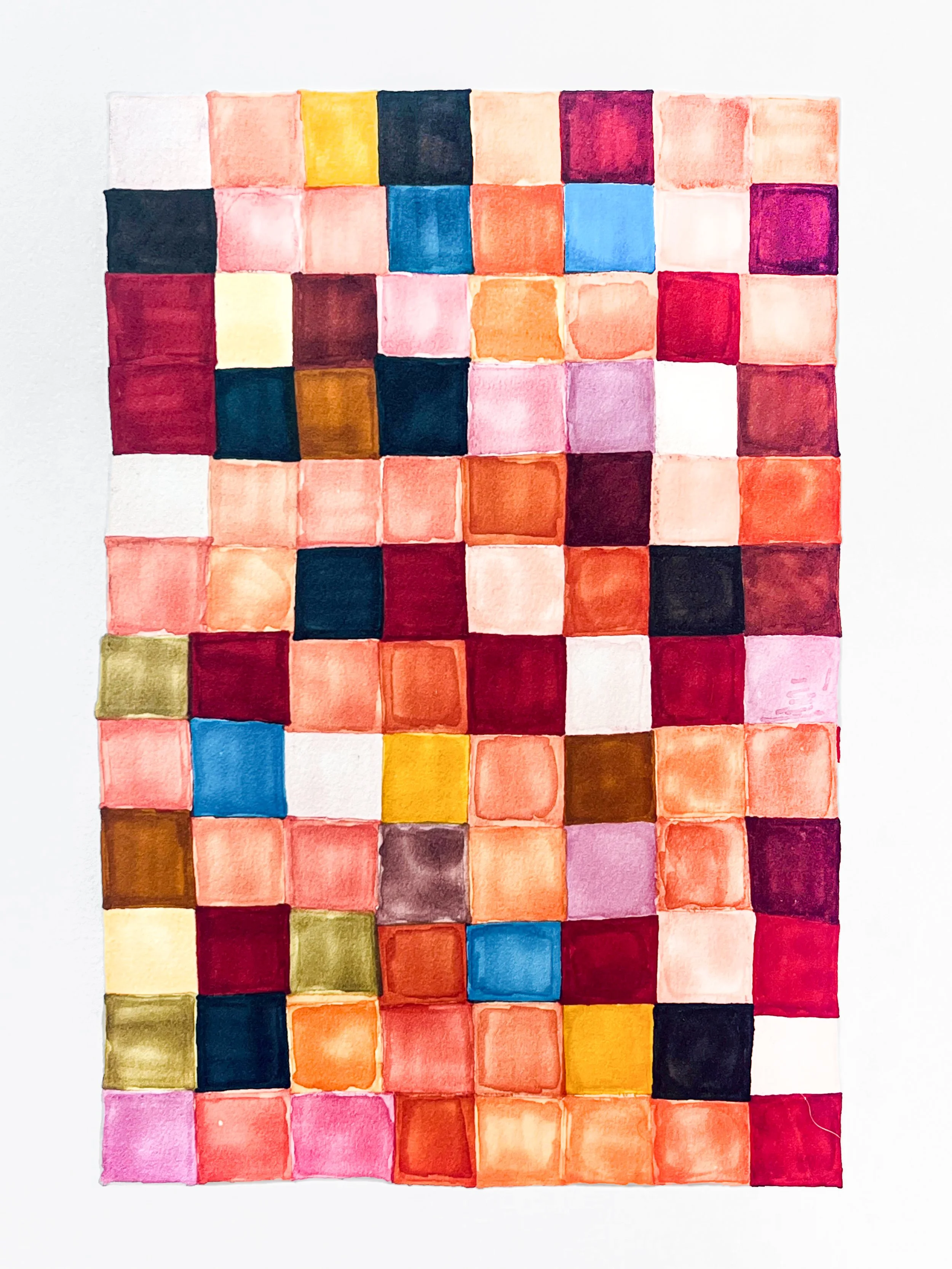 Colorful watercolor mosaic of square tiles in pink, red, orange, yellow, blue, green, and black on white background.