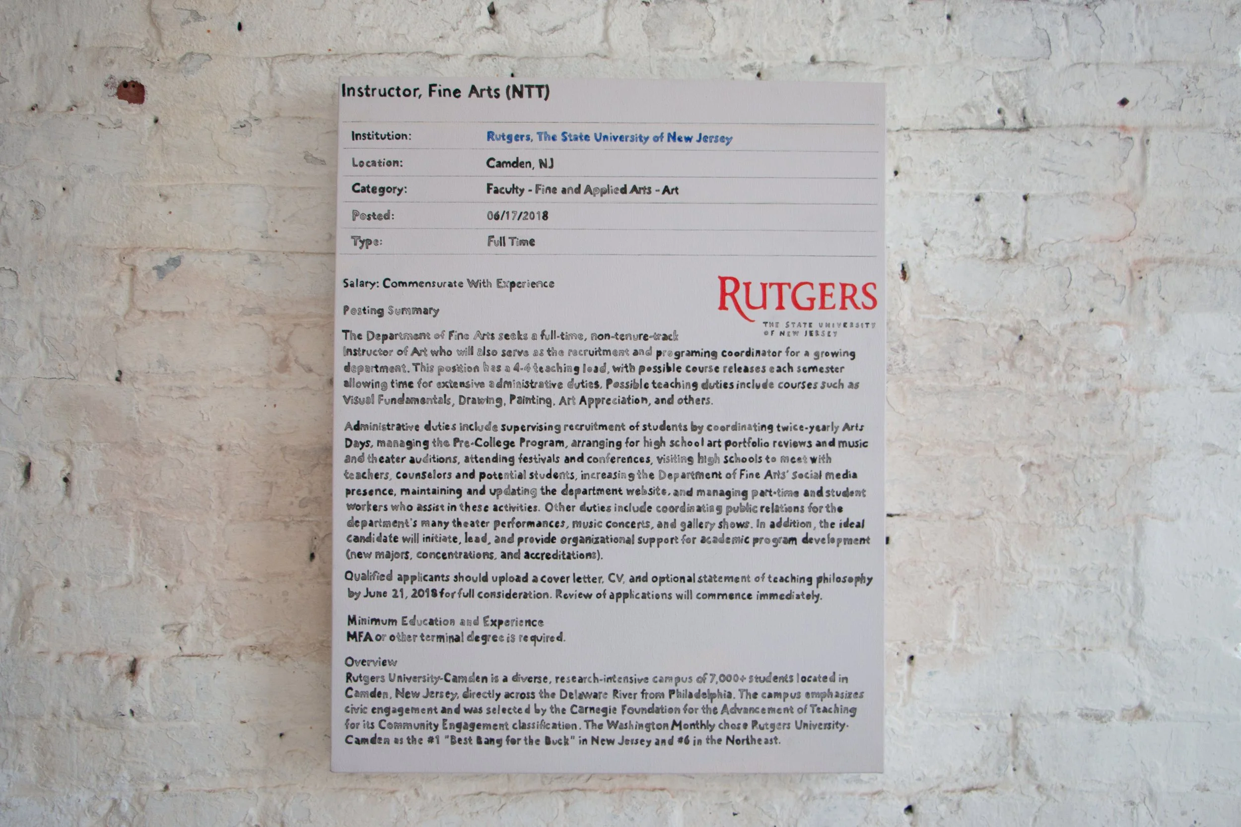 A painted document containing information about a position at Rutgers University, including details like location, category, posting date, and job responsibilities by New Mexico-based artist and educator Sarah Heyward.