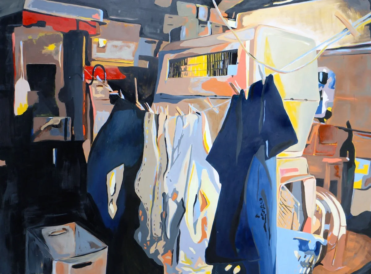 Contemporary shape-based interior painting of objects in a garage, luminous patterns of lights.