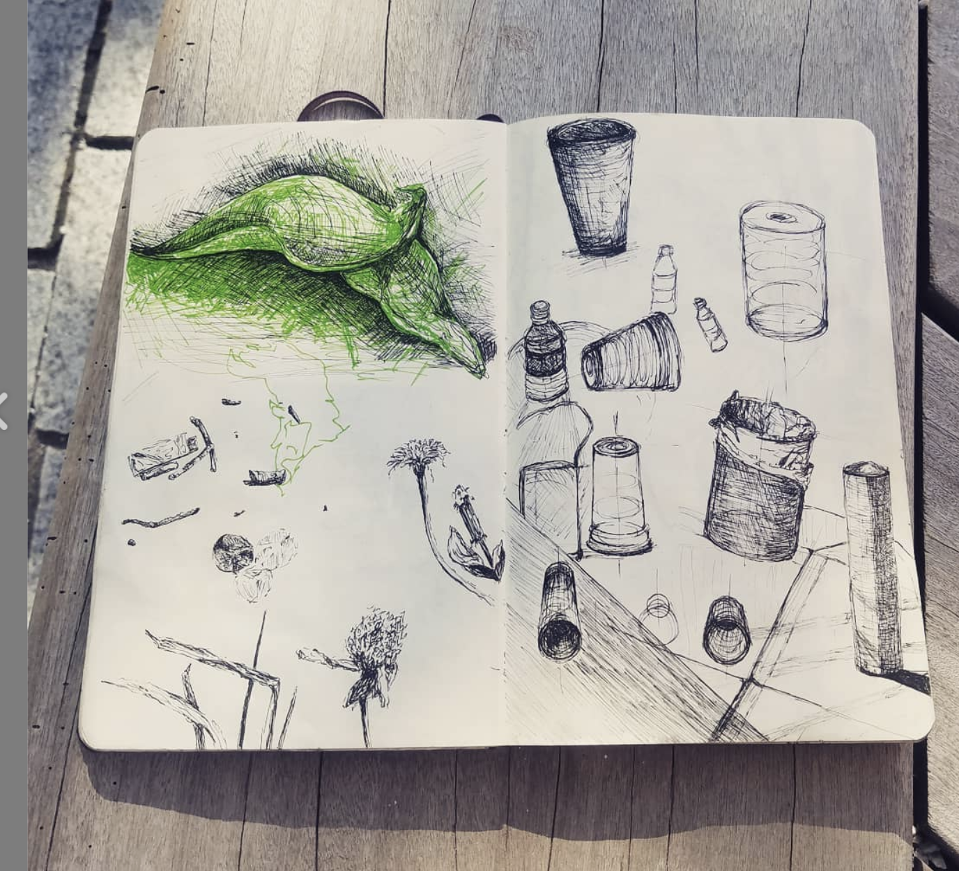 Open sketchbook with a colored drawing of a seed pod on the left page and pencil sketches of various objects, including bottles and cups, on the right page, placed on a wooden surface.