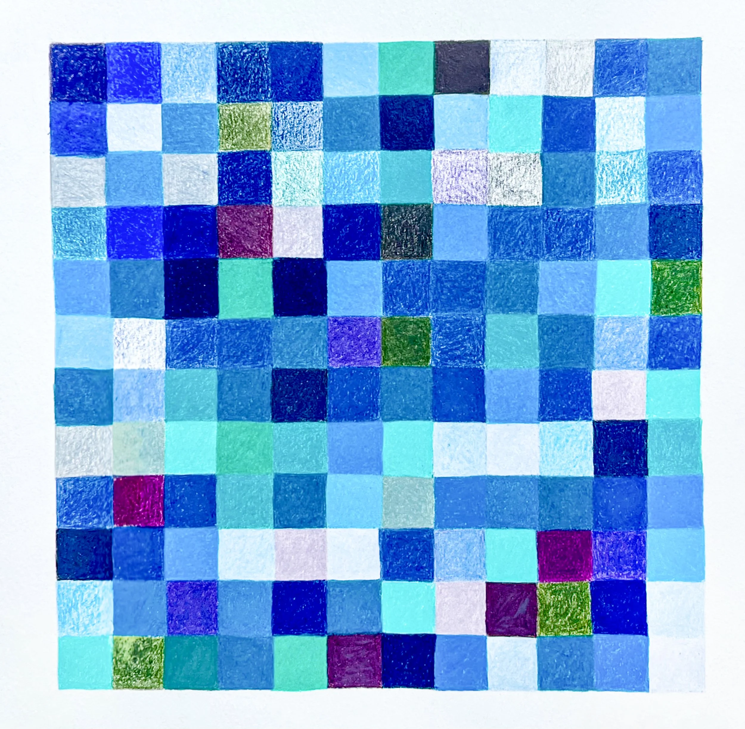 A contemporary abstract drawing of colorful mosaic made up of small, colored squares arranged in a grid pattern, with various shades of blue, green, purple, and black.