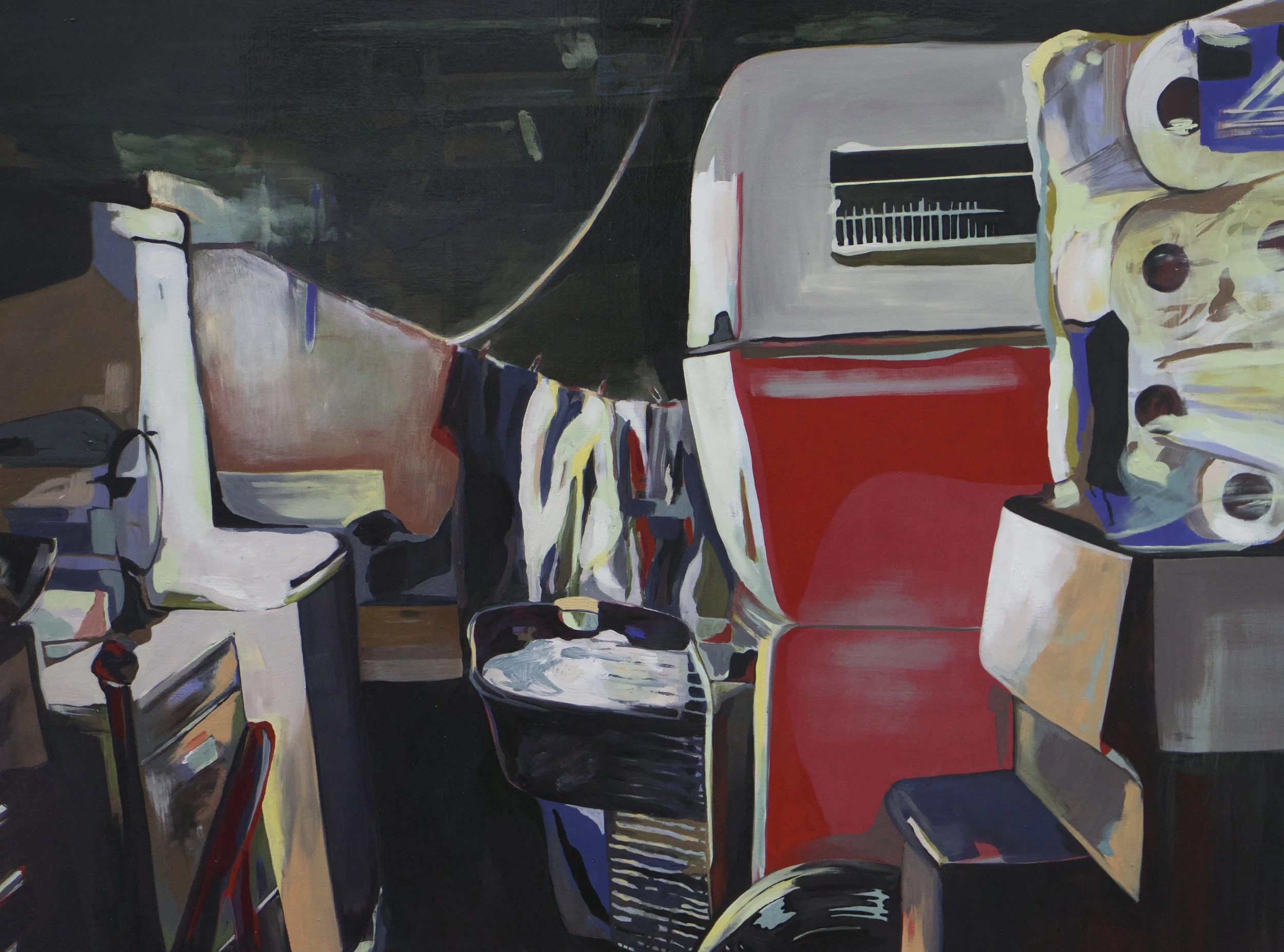An abstract painting featuring a vintage van or bus with a red and white color scheme, various shapes, and energetic brush strokes.