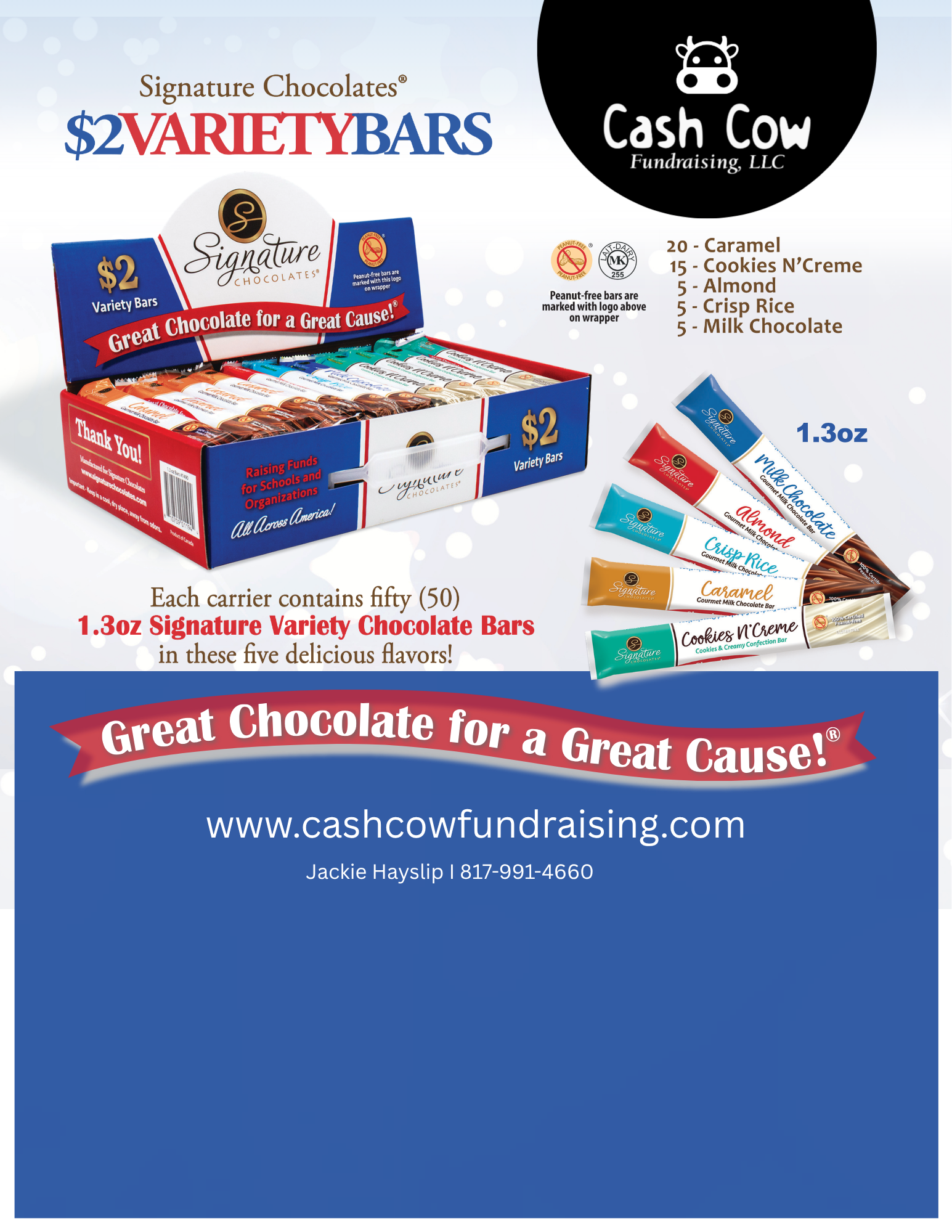 Advertisement for cash cow fundraising campaign featuring a box of Signature Chocolates variety bars, with information about flavors, cost, and contact details.