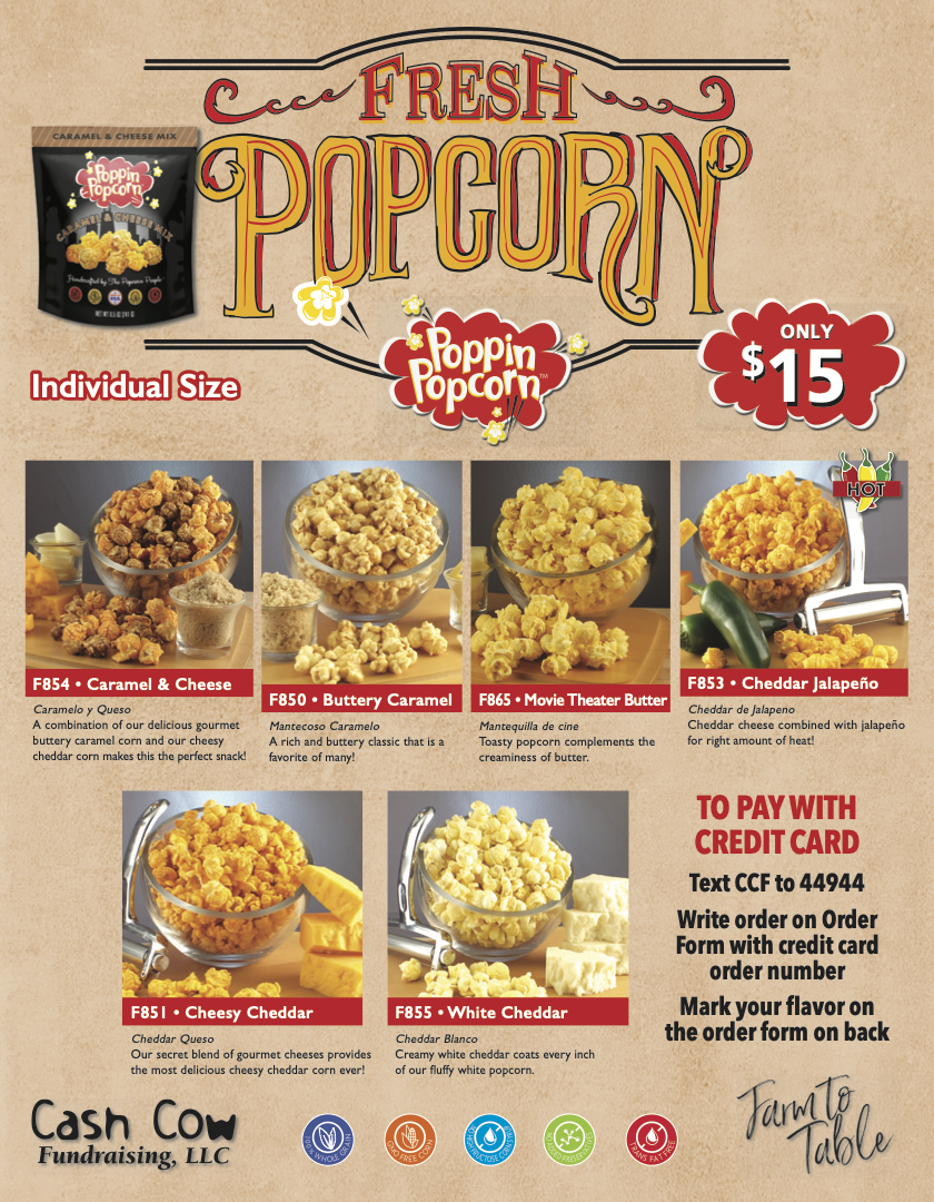 Menu featuring various flavors of fresh popcorn for $15, including caramel & cheese, buttery caramel, movie theater butter, cheddar jalapeño, cheesy cheddar, and white cheddar. Each flavor is displayed in a small bowl with descriptive labels and images.