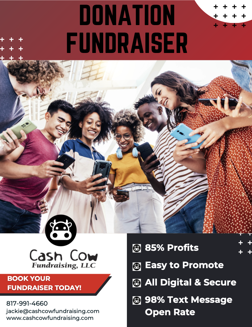 A diverse group of young people smiling and looking at their smartphones, gathered under a modern structure, promoting a fundraising event by Cash Cow Fundraising, LLC with details about profits, ease of promotion, security, and contact information.