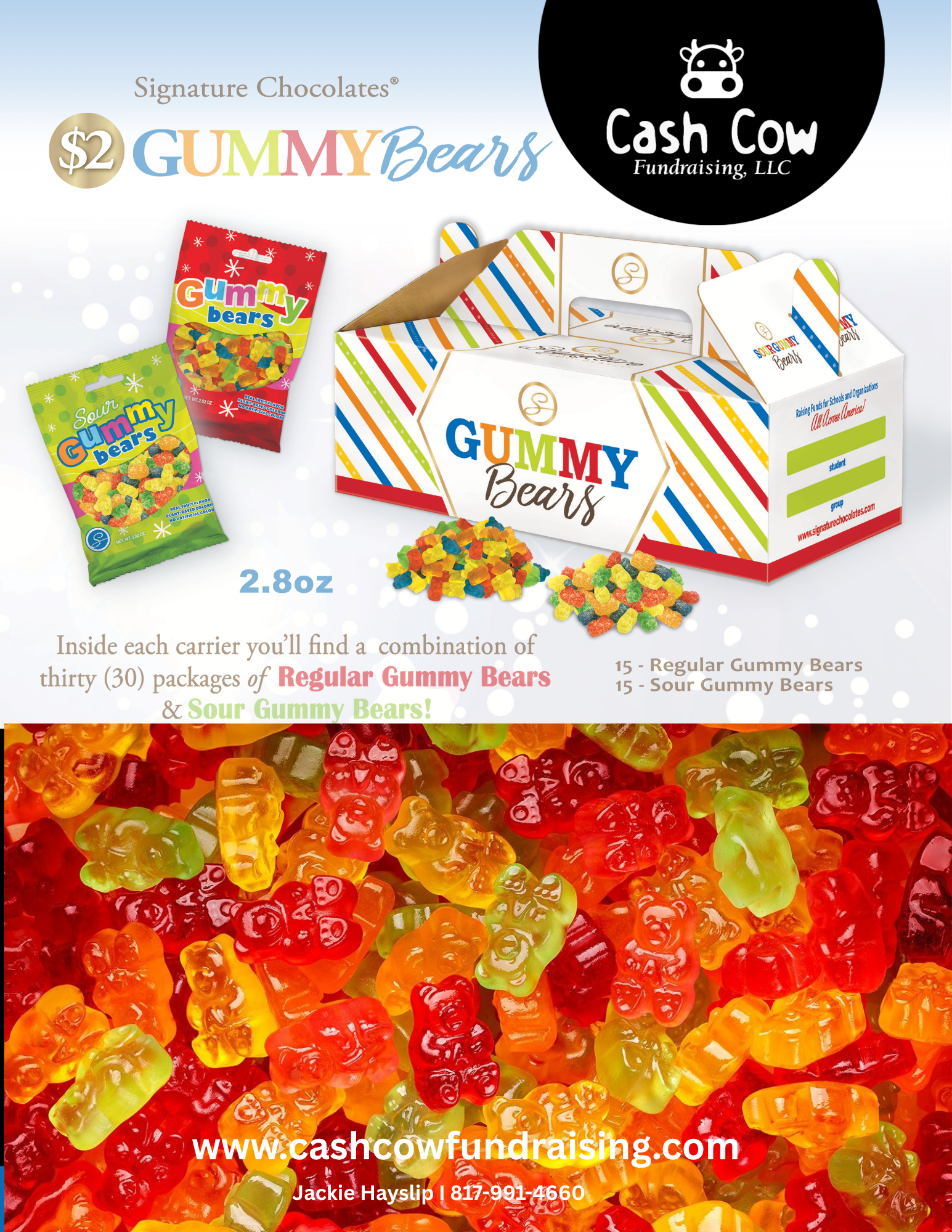 Colorful gummy bears and packaging from Gummy Bears for fundraising by Cash Cow Fundraising, LLC, with contact information for Jackie Hayslip.