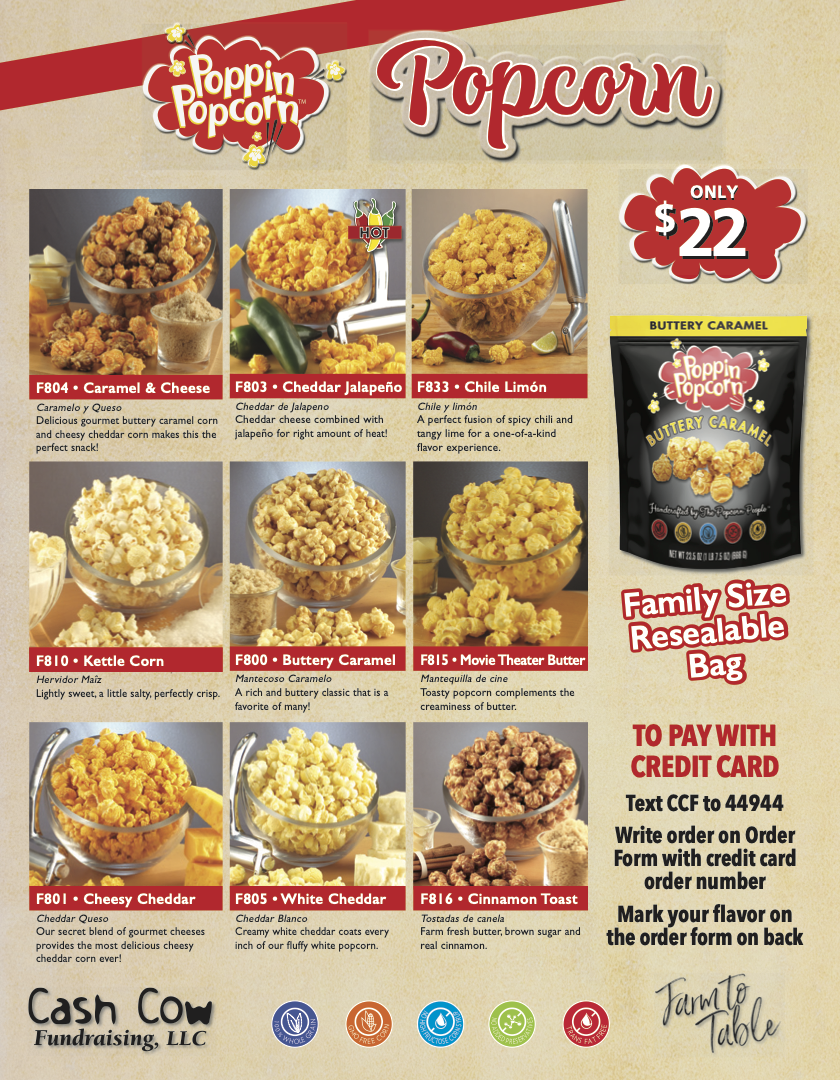 A menu featuring different flavors of popcorn from Poppin Popcorn, with images of each flavor in bowls, including caramel & cheese, cheddar jalapeño, chile limón, kettle corn, buttery caramel, movie theater butter, cheesy cheddar, white cheddar, and cinnamon toast. The prices and details about each flavor are also included.